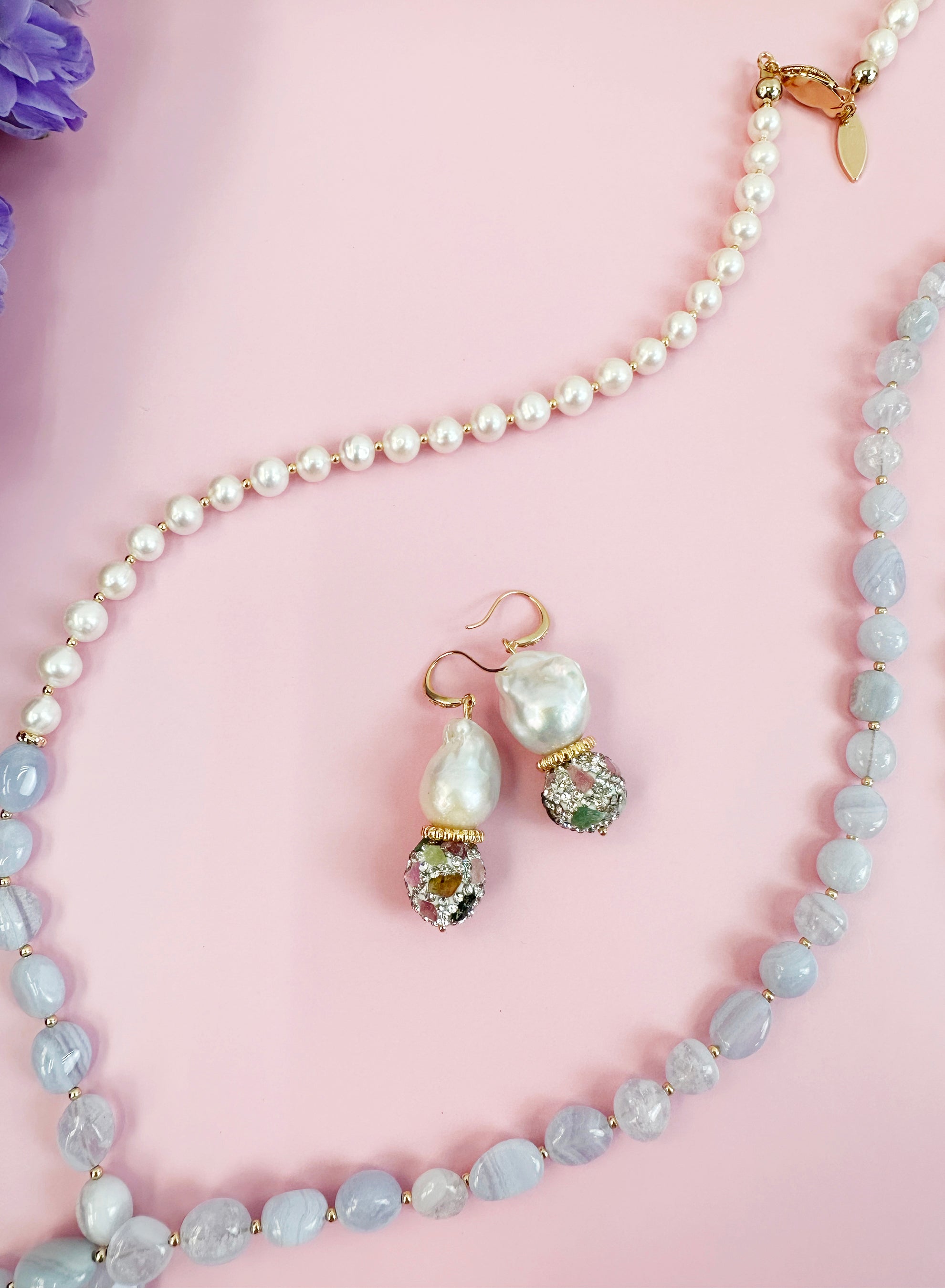 Baroque Pearl & Tourmaline Rhinestone Dangle Earrings JE026 - Elegant Statement Jewelry for Weddings, Parties & Special Occasions