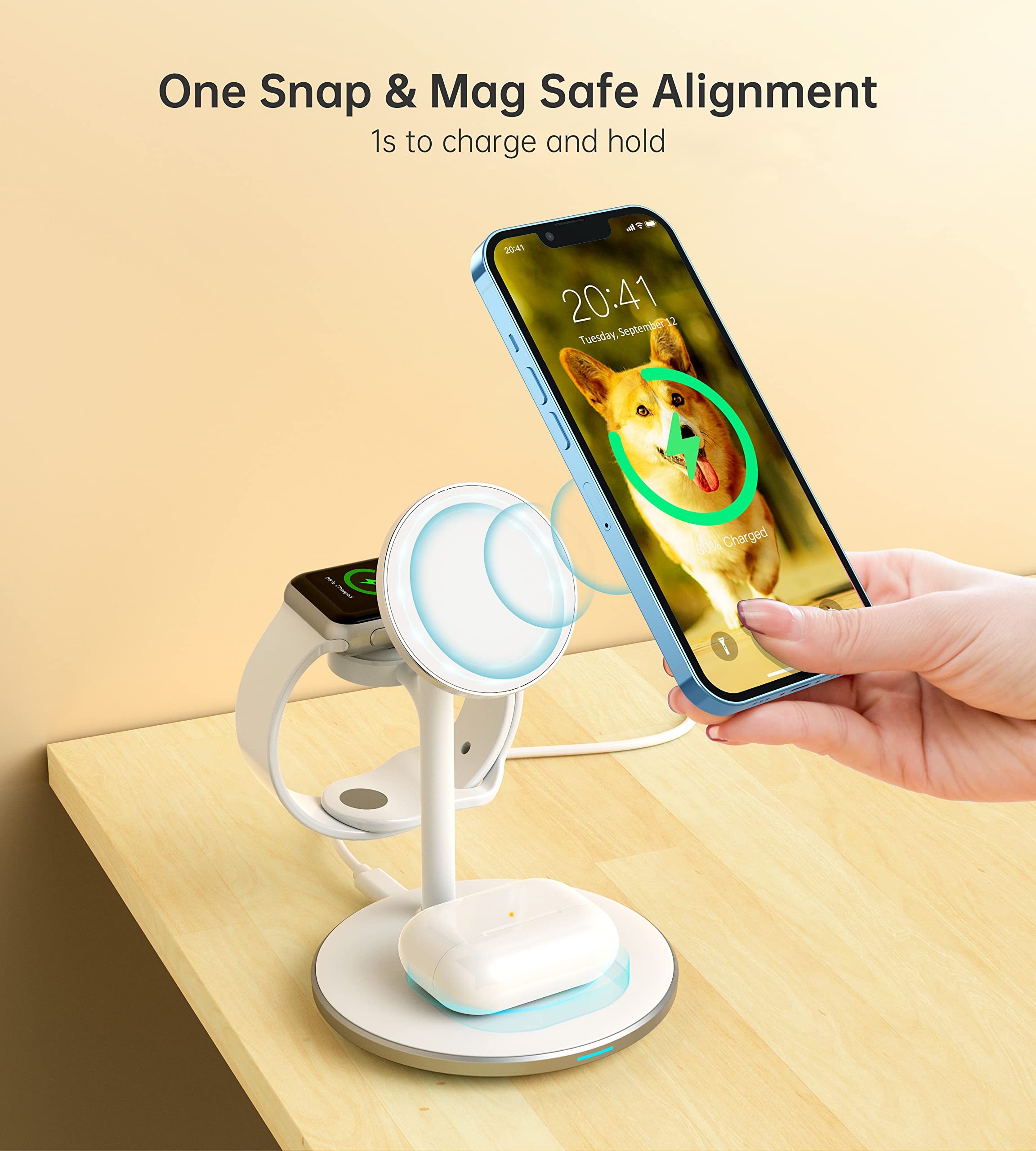 3-in-1 Wireless Charging Station for iPhone 16/15/14/13/12 Pro Max/Plus/Pro/Mini, Apple Watch Ultra 1/2/S9/S8 & AirPods - 15W Fast MagSafe Charger Stand with 20W Adapter - Perfect for Home, Office & Nightstand Charging
