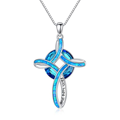 Blue opal celtic cross crystal necklace