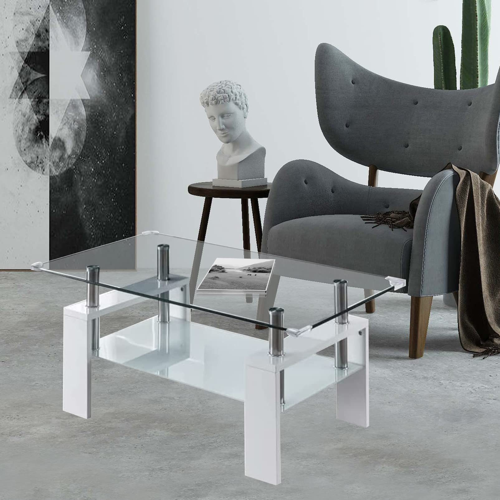 Modern Rectangular Coffee Table with Frosted Glass Shelf & Wooden Legs - Sturdy Living Room Cocktail Table, Sofa Side Table, TV Stand for Bedroom - Perfect for Entertaining, Relaxing & Home Decor
