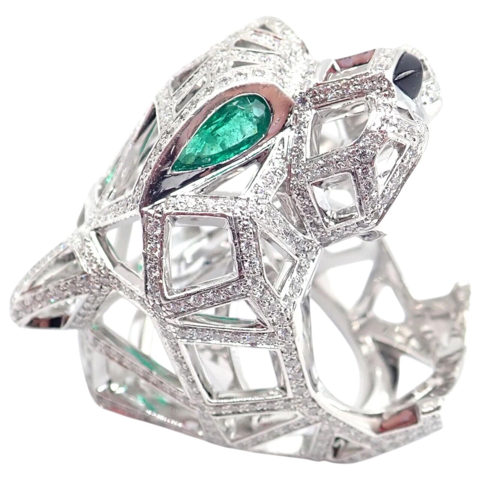 Cartier Panther Panthere 18k White Gold Emerald & Diamond Ring Size 54 - Luxury Jewelry for Women, Elegant Gift for Anniversary & Special Occasions