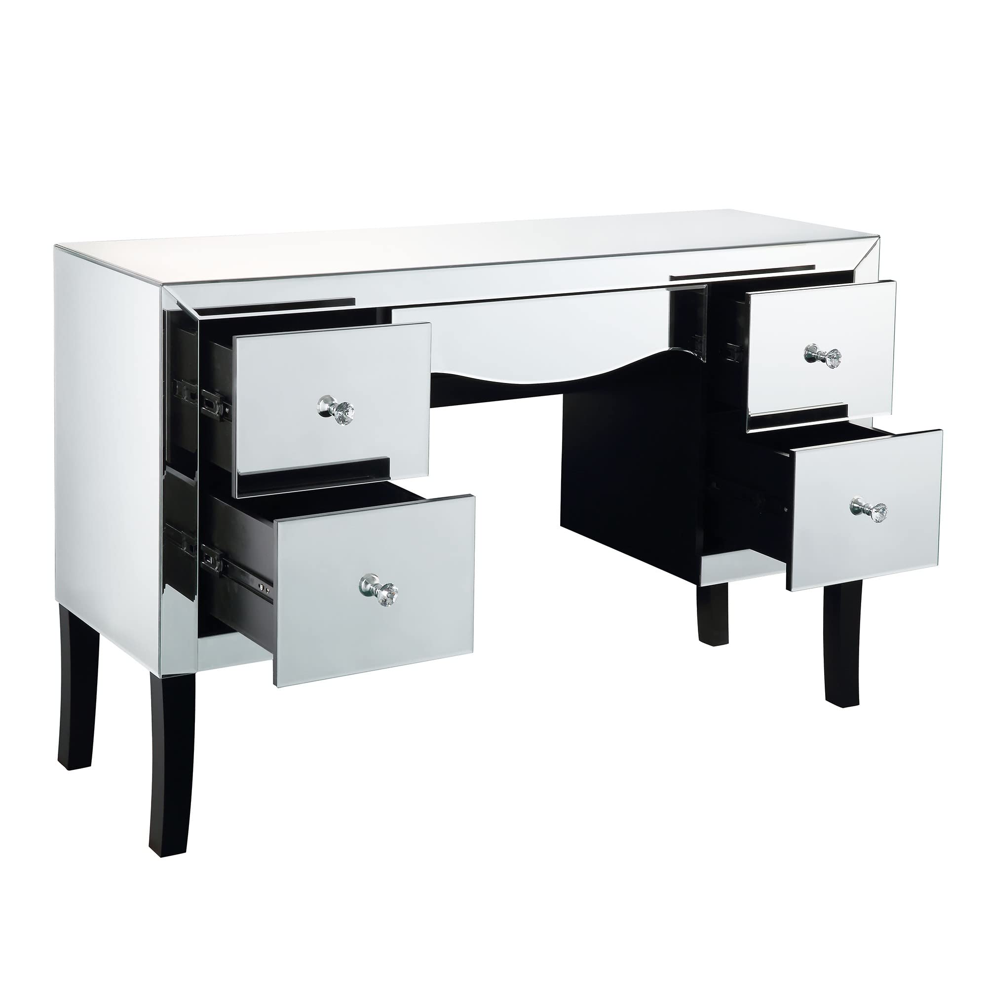 Benjara Silver Wooden Framed Vanity Desk with Mirror, 4 Drawers & Wavy Apron - Elegant Dressing Table for Bedroom, Bathroom or Boudoir Makeup Station