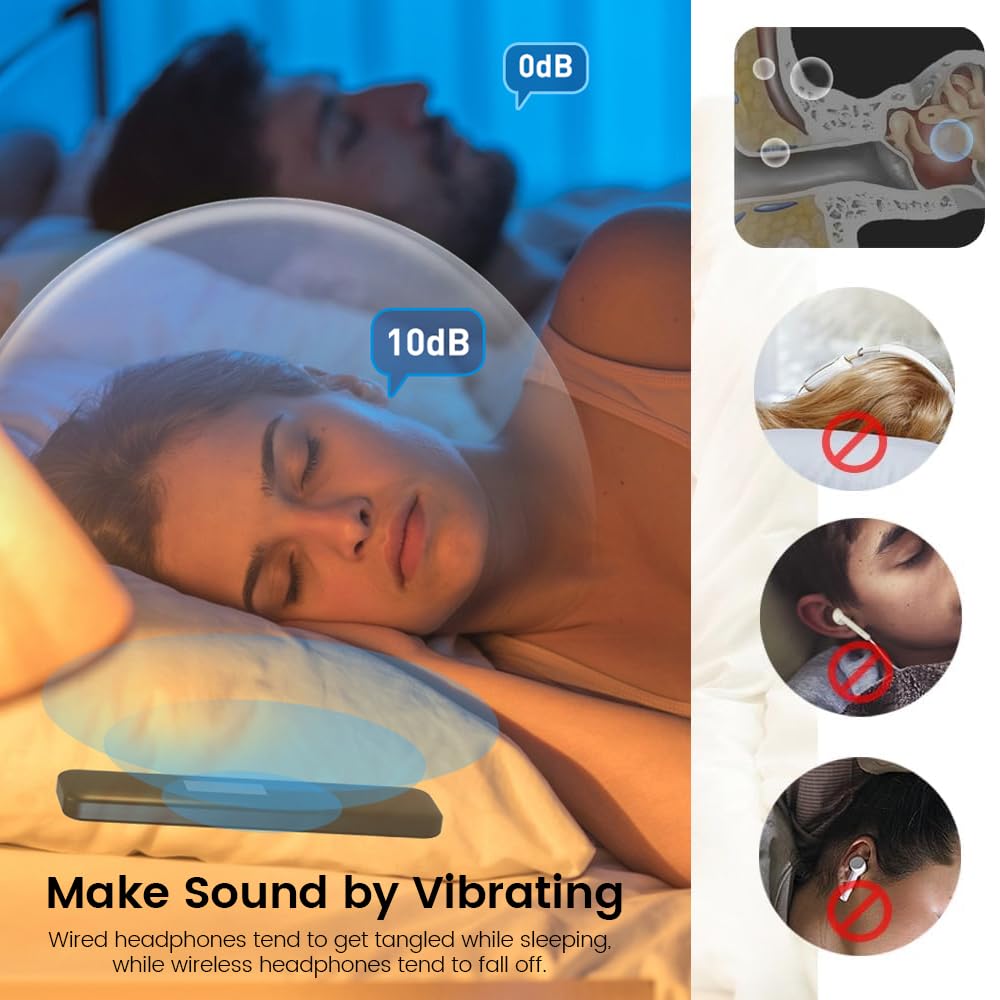 Fesoklaf Bluetooth Pillow Speaker with LED Display - Mini Wireless Bone Conduction Speaker with Volume Control, Sleep Sound Machine, TF Card Support - Perfect for Bedtime Relaxation, Meditation & White Noise Therapy (Black)