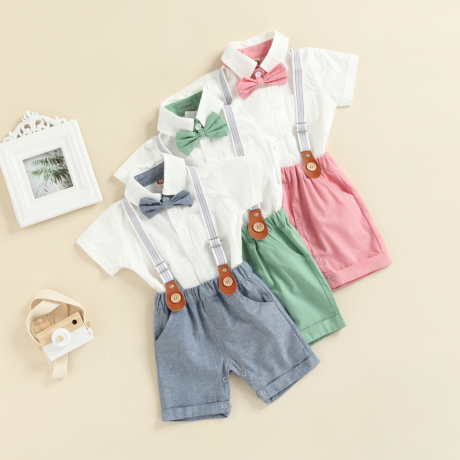 Qiylii Baby Boys' Short Sleeve Bowtie Button-Up Bodysuit with Suspenders & Shorts - Cute Summer Outfit for Infants - Perfect for Photoshoots, Parties & Casual Playdates