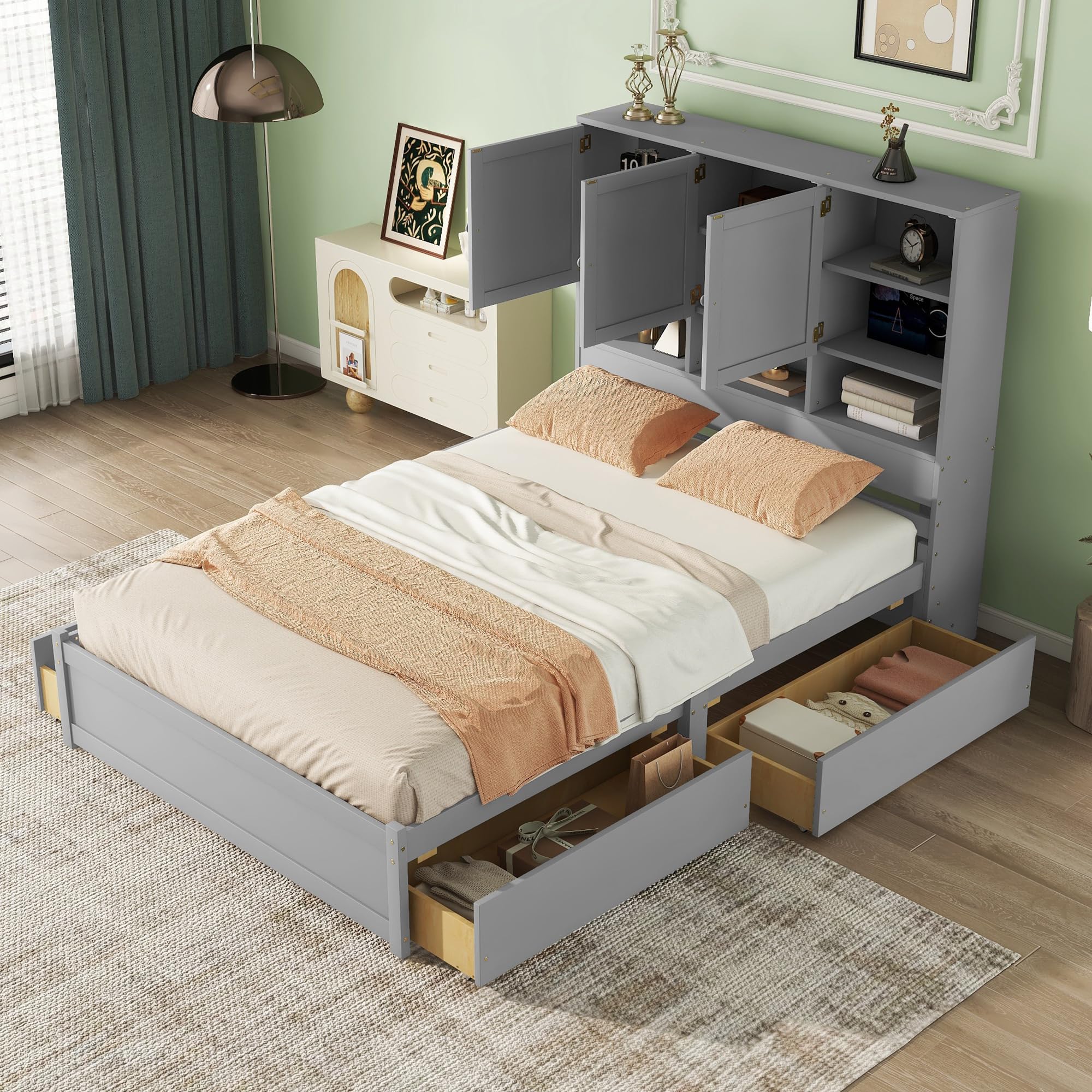 Harper & Bright Designs Queen Size Storage Bed Frame - Solid Wood Platform Bed with Bookcase Headboard & 4 Drawers - No Box Spring Needed - Perfect for Kids, Teens & Adults Bedroom - Modern Gray Furniture for Small Spaces & Dorm Rooms