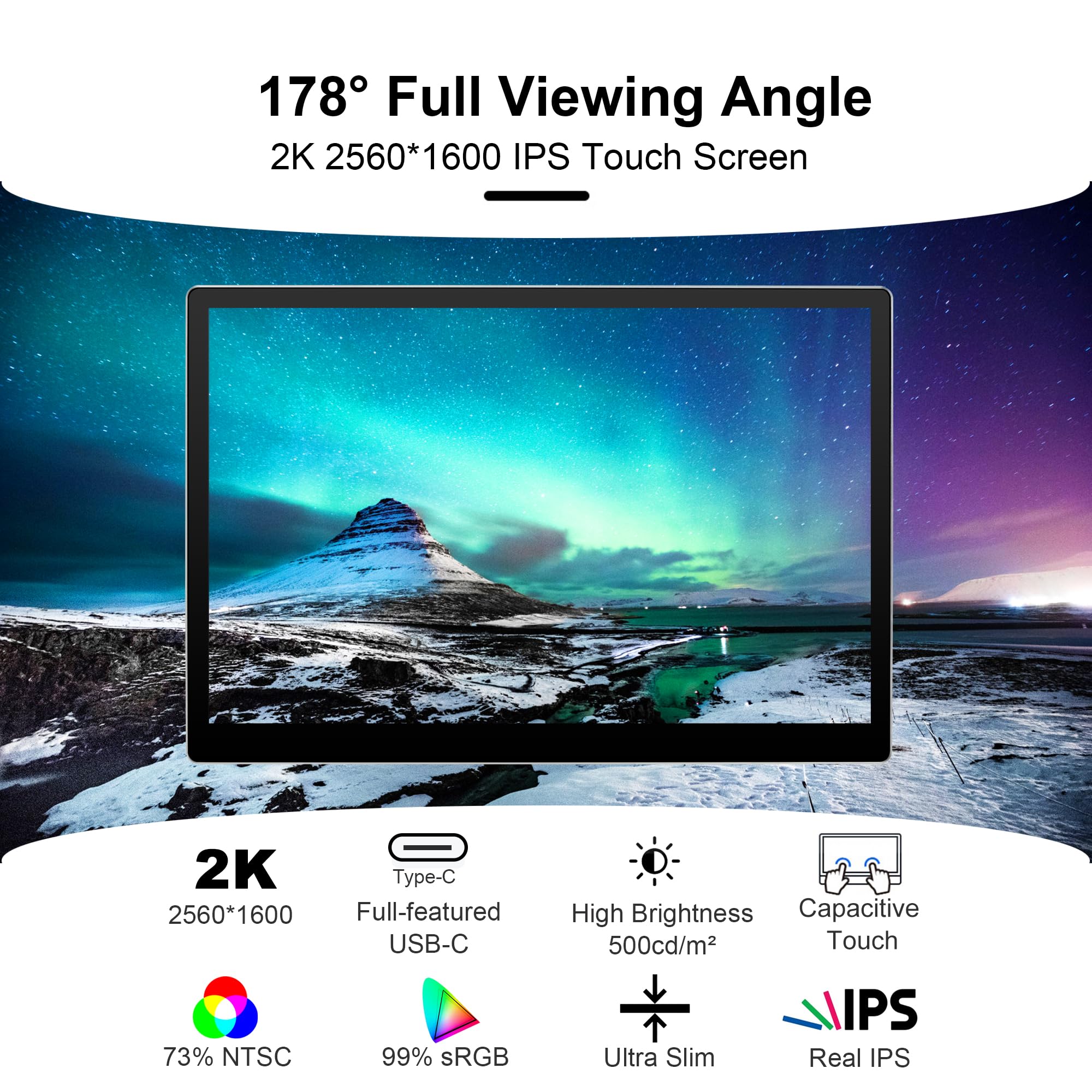 9-inch Portable Monitor 2K 2560x1600 IPS Touchscreen with 73% NTSC - USB-C & HDMI External Display for MacBook, PC, Laptop, Phone, Xbox, PS5 - Perfect for Gaming, Work & Travel
