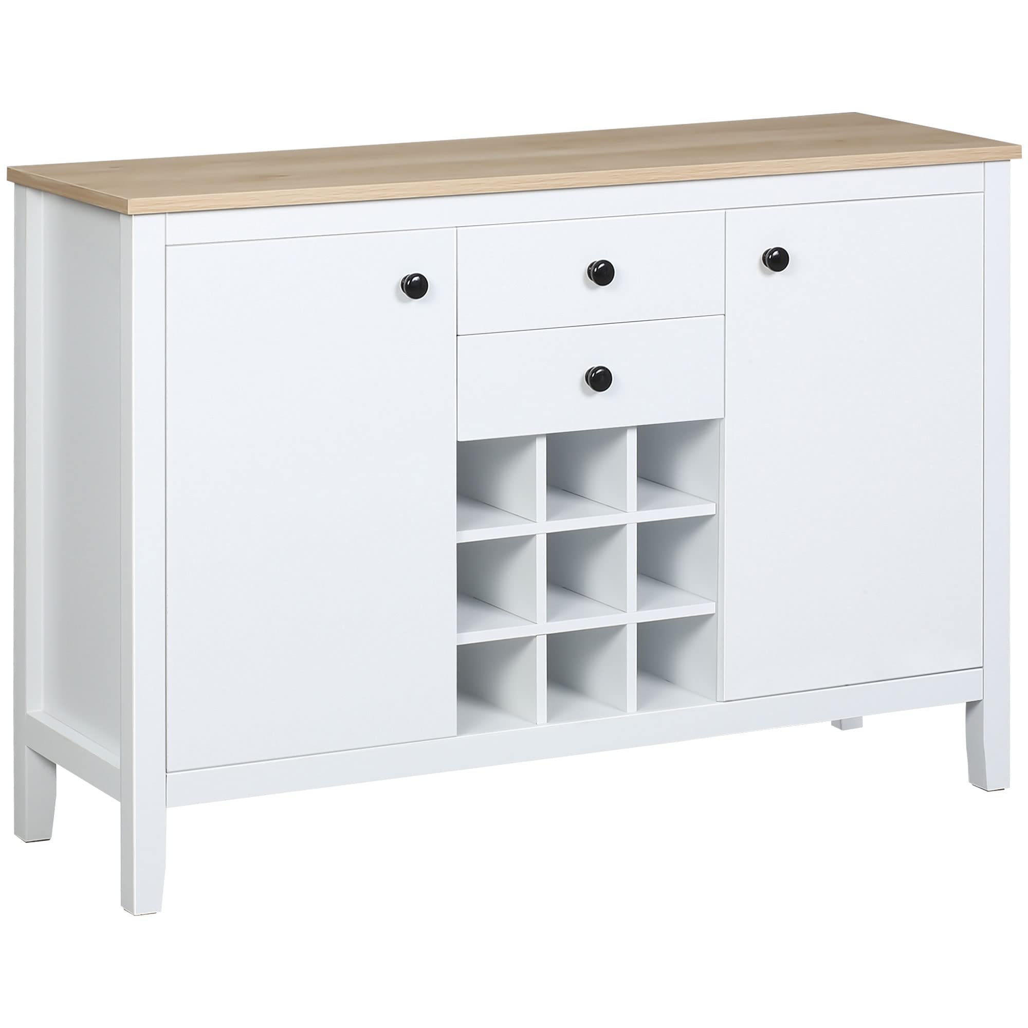 HOMCOM Coffee Bar Cabinet with 9-Bottle Wine Rack - Sideboard Buffet Cabinet with Drawers & Adjustable Shelves in Natural & White - Perfect for Kitchen, Dining Room & Home Bar Organization