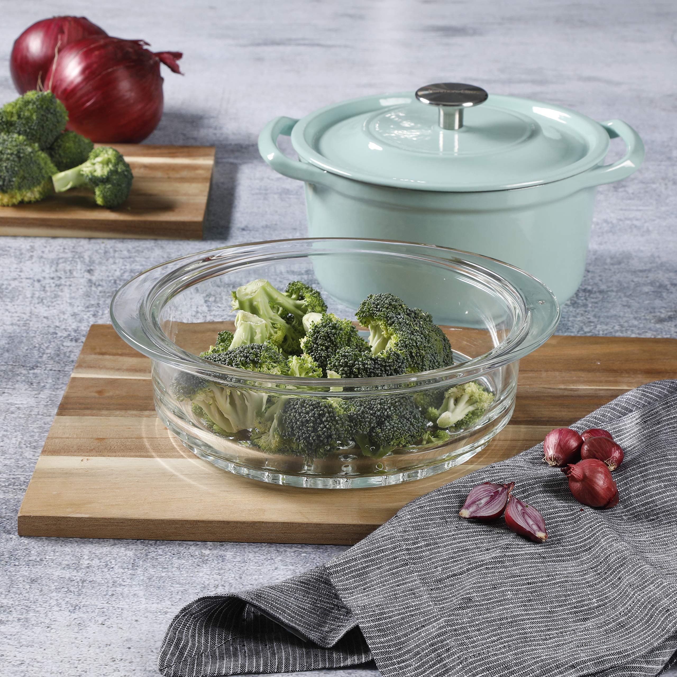 Kenmore 5-Quart Cast Iron Dutch Oven with Lid & Steamer - Glacier Blue | Heavy Duty Enameled Cookware for Baking, Braising & Steaming | Perfect for Soups, Stews & Family Meals