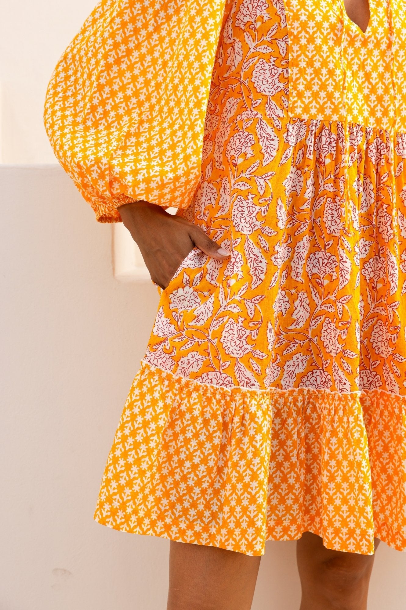 Marina Organic Cotton Print Mix Dress - Dianthus Floral Yellow & White | Summer Casual Wear, Beach Outfit, Boho Style Dress for Women