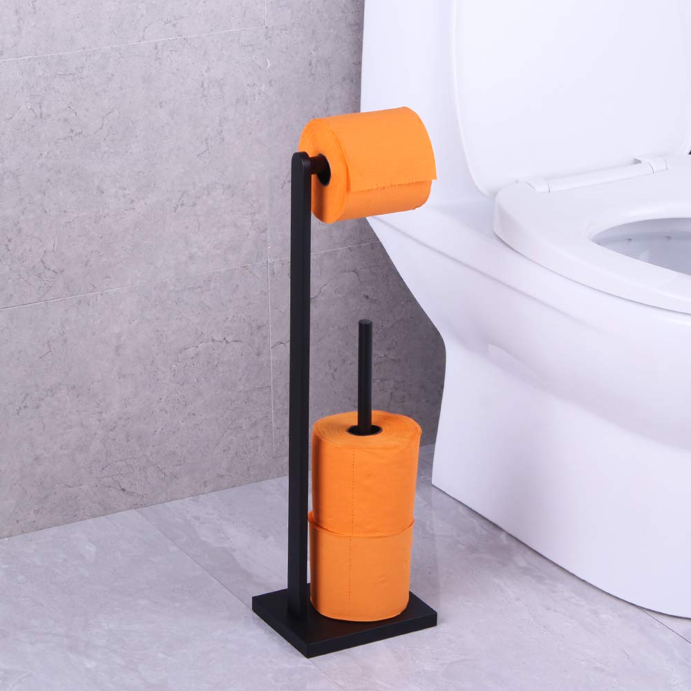 GERZWY SUS 304 Stainless Steel Free Standing Toilet Paper Holder - Matte Black Bathroom Tissue Roll Stand for Bathroom, Toilet, Powder Room & Guest Bath Decor
