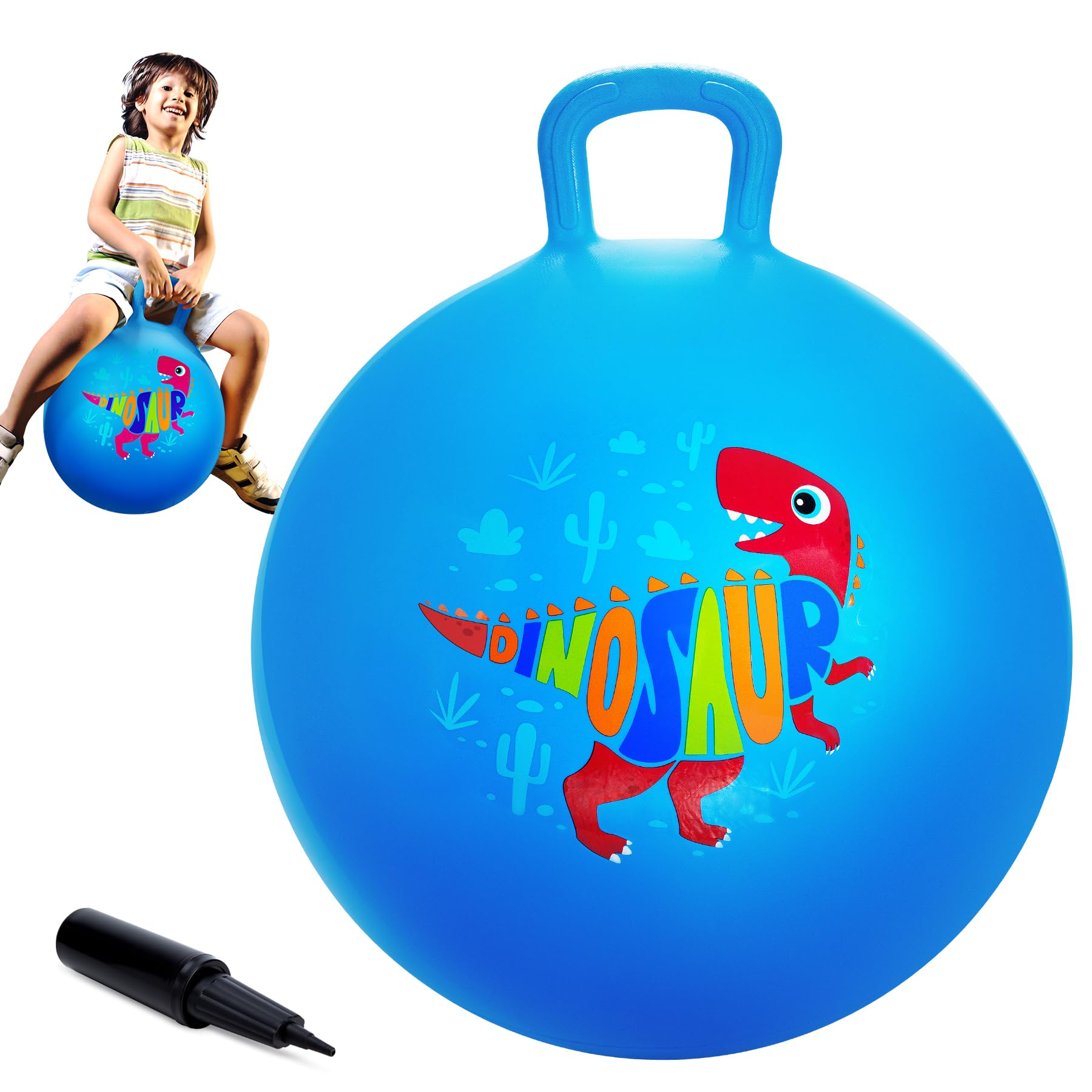 Dinosaur Hopper Ball - 18 Inch Inflatable Bouncy Ball with Handle for Kids Ages 3-8 | Fun Jumping Toy for Boys & Girls | Includes Air Pump | Perfect for Indoor Play, Outdoor Games & Birthday Gifts (Blue)