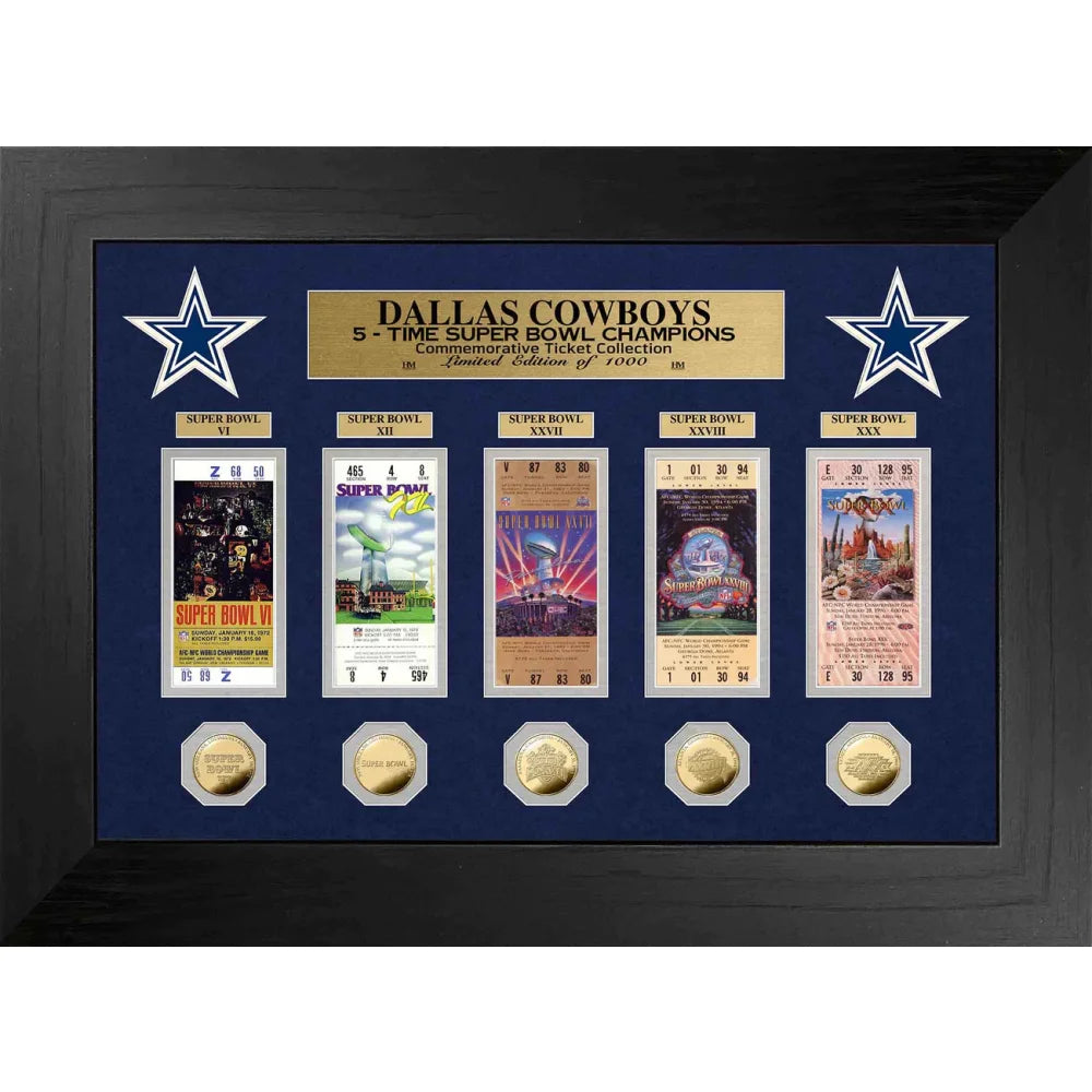 Dallas Cowboys Super Bowl Champions Tickets & Silver Coins Collection Frame - NFL Memorabilia Display for Fans, Man Cave, Sports Bar Decor, Gift for Cowboys Supporters