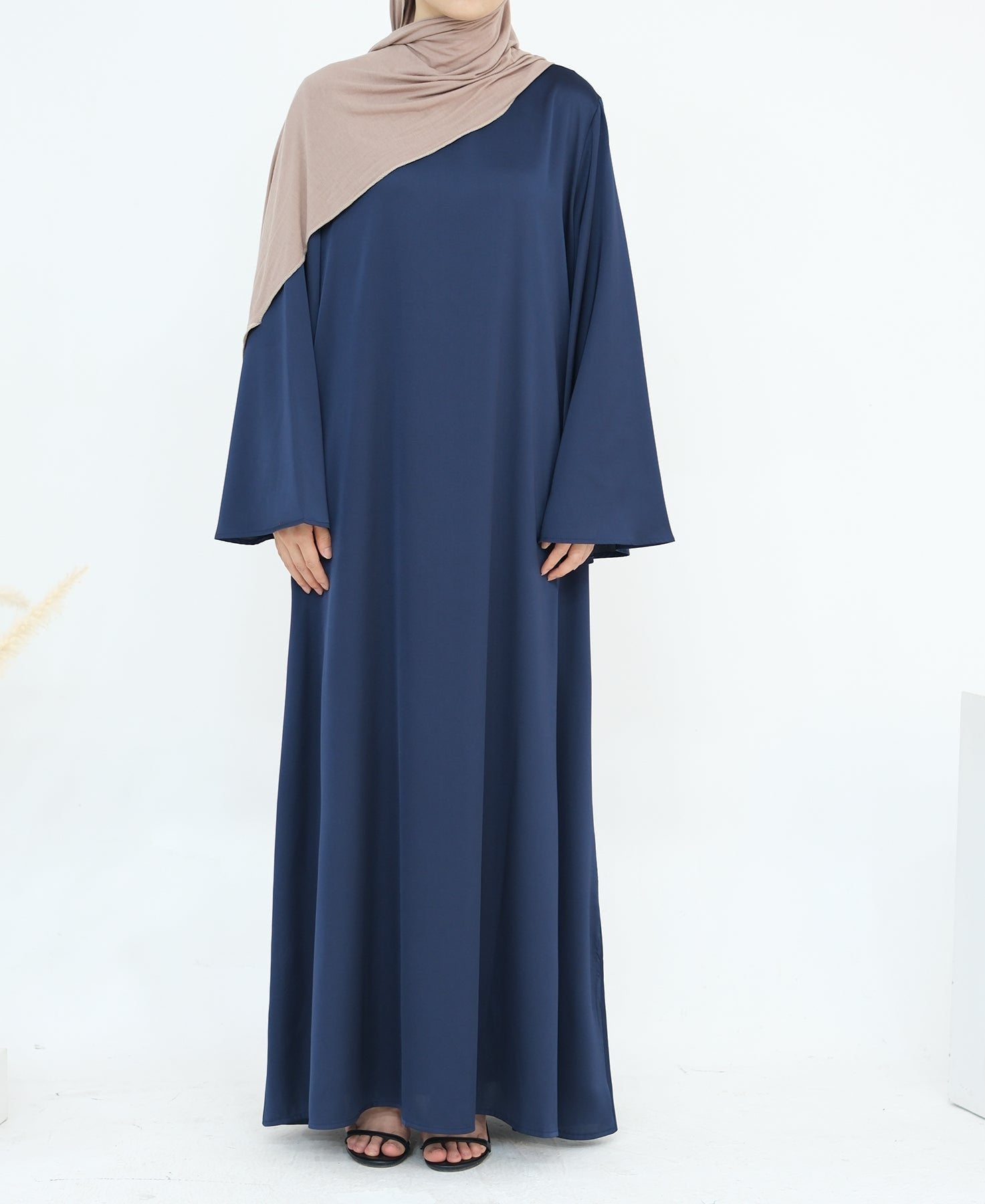 Elegant Calista Trumpet Sleeves Satin Dress in Denim Blue - Perfect for Weddings, Parties & Special Occasions