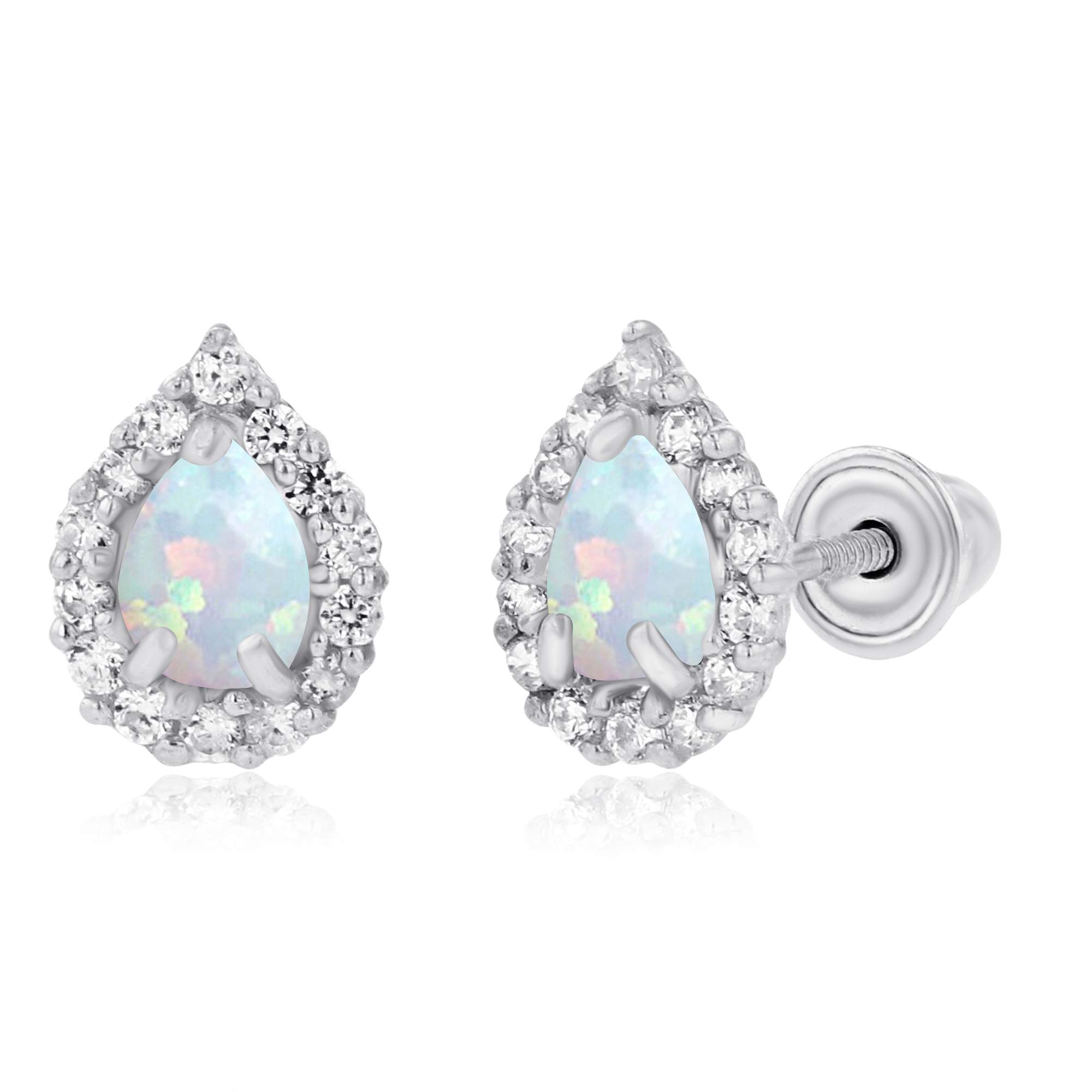 14K Solid Gold Pear Shaped Natural Birthstone Stud Earrings for Women | 7x5mm & 4x3mm Pear Cut Screwback Earrings | 1mm Created White Sapphire Halo Earrings | Perfect for Birthdays, Anniversaries & Everyday Elegance