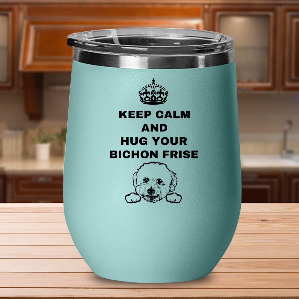 Keep Calm Hug Your Bichon Frise Wine Glass - 12oz Vacuum Insulated Stemless Wine Cup with Lid - Perfect Dog Lover Gift for Birthday, Christmas & Special Occasions - Ideal for Home Parties, Wine Tastings & Pet-Themed Gatherings
