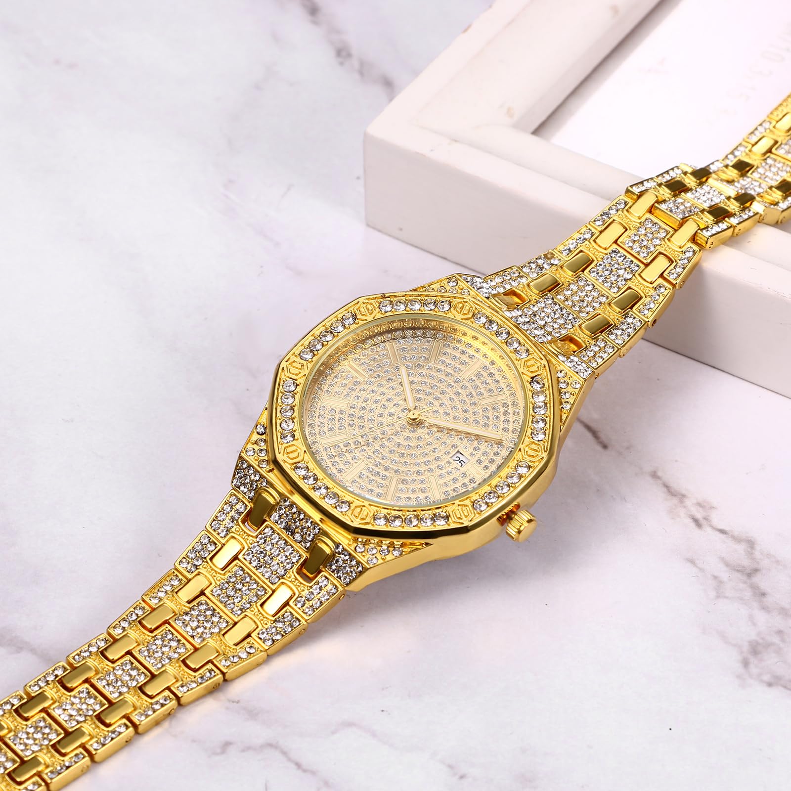 JewelryWe Men's Gold Tone Alloy Quartz Watch - Stylish Rhinestone Business Casual Dress Wristwatch for Men - Perfect for Christmas Gifts, Office Wear & Formal Occasions