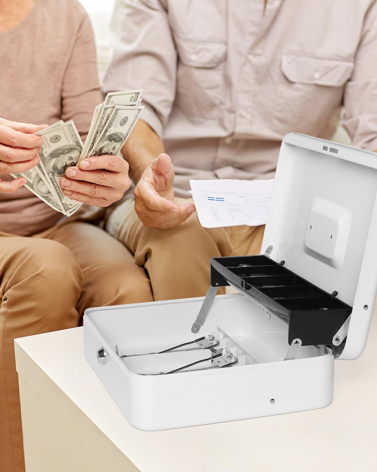Heavy Duty Metal Cash Box with Money Tray & Lock - 11.8 x 9.5 x 3.54 Inches Secure Lockbox for Cash, Coins, Valuables - Ideal for Home, Office, Retail Store & Small Business Use (White)