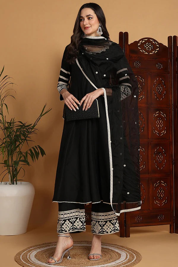 Black Silk Blend Embroidered Anarkali Suit Set for Women - Elegant Indian Ethnic Dress for Weddings, Parties & Festive Occasions