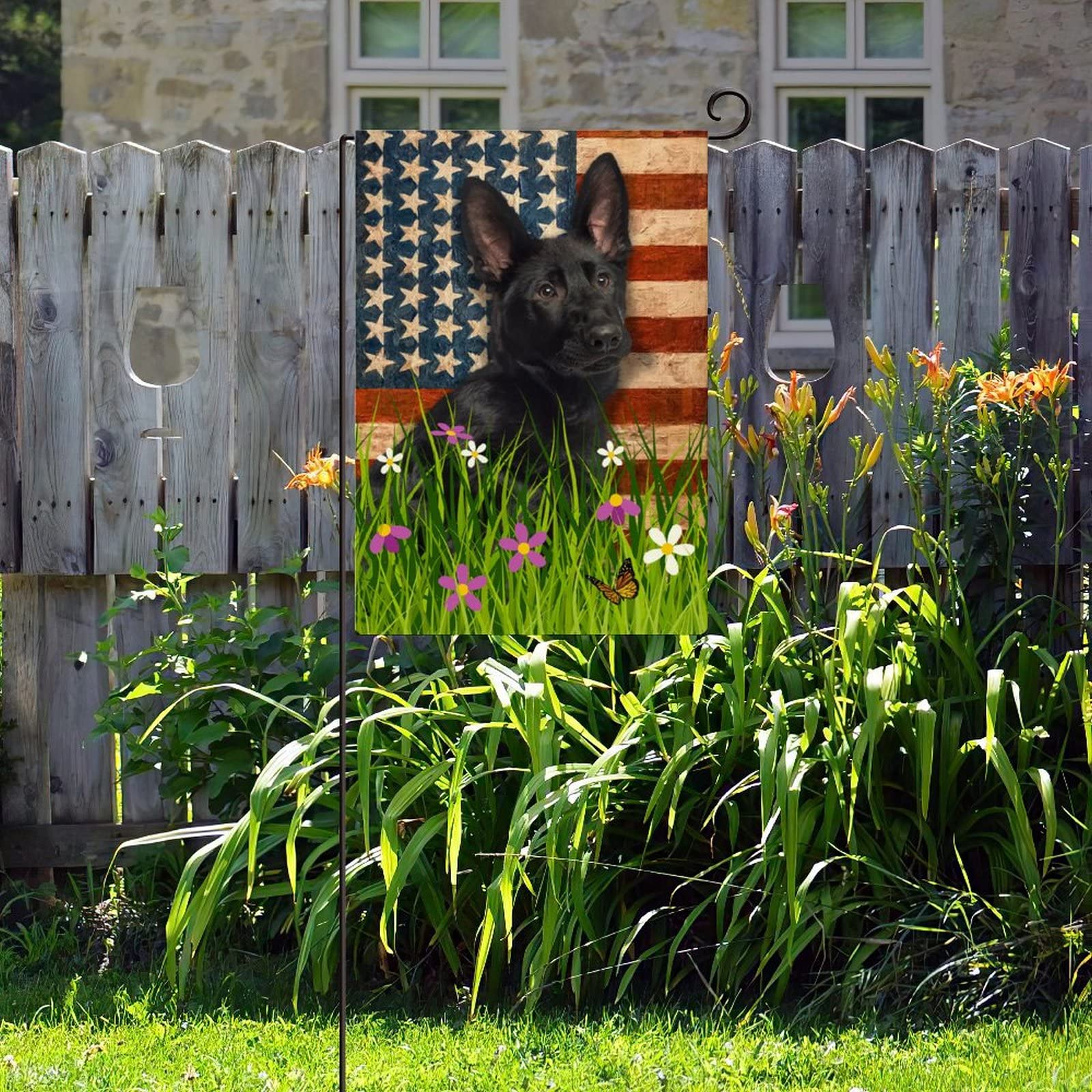 Double-Sided American Flag with Mudi Dog - 12.5x18.5 Inch Vertical Burlap Garden Flag for Outdoor Decor, Yard, Farmhouse & Seasonal Holidays | Perfect for Patriotic Displays, Front Porch Welcome Signs & Backyard Parties
