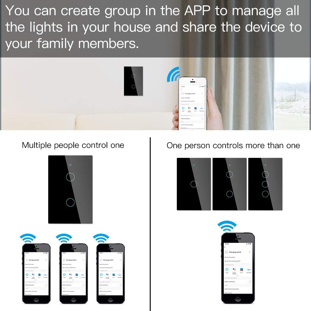 MOES Smart Light Switch - No Neutral Wire Required, 2.4GHz WiFi & RF433, Compatible with Alexa, Google Home, Smart Life/Tuya App - Single Pole Black 2 Gang with Capacitor - Perfect for Home Automation and Smart Lighting Control