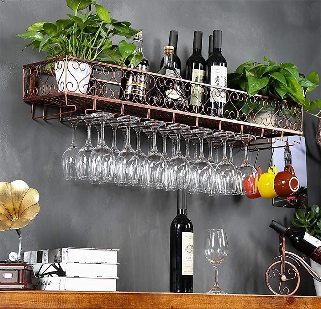 Vintage Wall-Mounted Wine Rack & Hanging Glass Holder - Black 120x25cm | Rustic Wine Bottle Storage for Kitchen, Bar, Dining Room | Space-Saving Wine Display Organizer