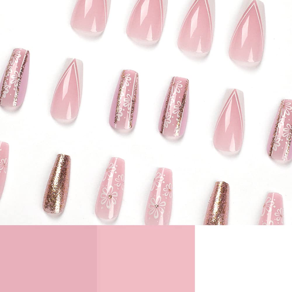 Floral French Tip Press on Nails - Long Square Glue on Fake Nails with Glitter Sequins Designs, 24PCS Full Cover Artificial Nails for Women & Girls, DIY Nail Art - Perfect for Parties, Weddings & Daily Wear