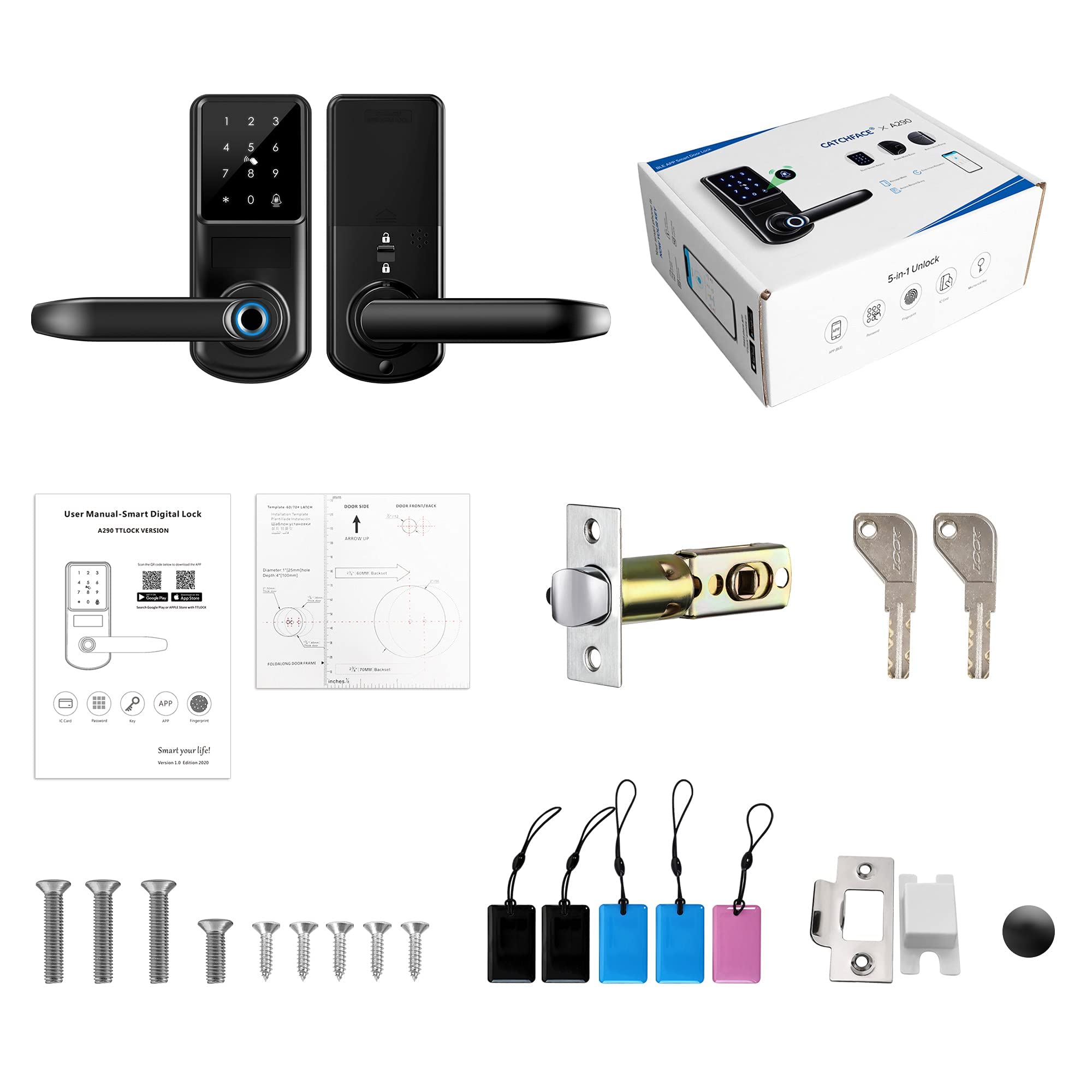 CATCHFACE A290 Smart Lock - Bluetooth Keyless Entry Door Lock with Handle, Fingerprint Biometric Lock, TTLock Compatible, Works with Cards/Keys/Passcode - Ideal for Front Door, Office & Home Security