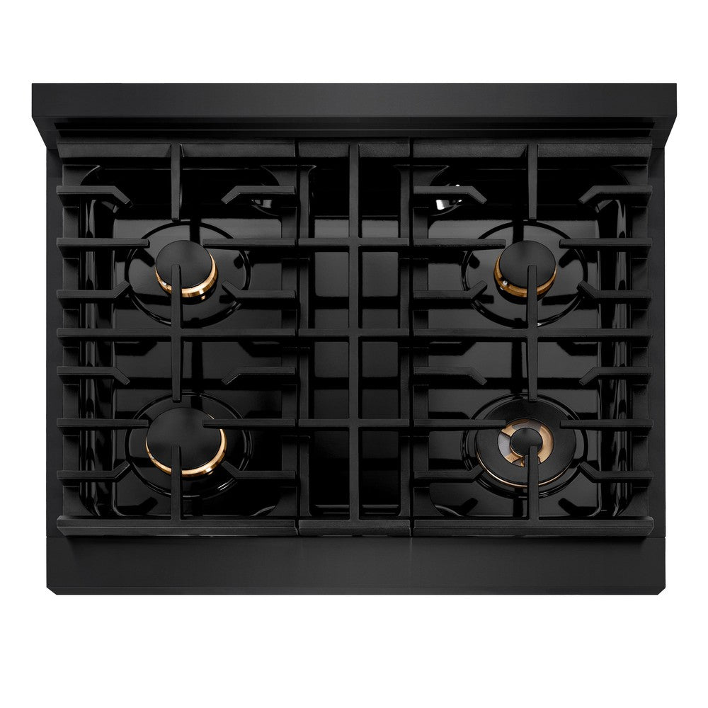 ZLINE 30-inch 4.2 cu. ft. Black Stainless Steel Gas Range with Convection Oven & 4 Brass Burners - Perfect for Modern Kitchens, Home Cooking, and Professional Chefs (Model SGRB BR 30)