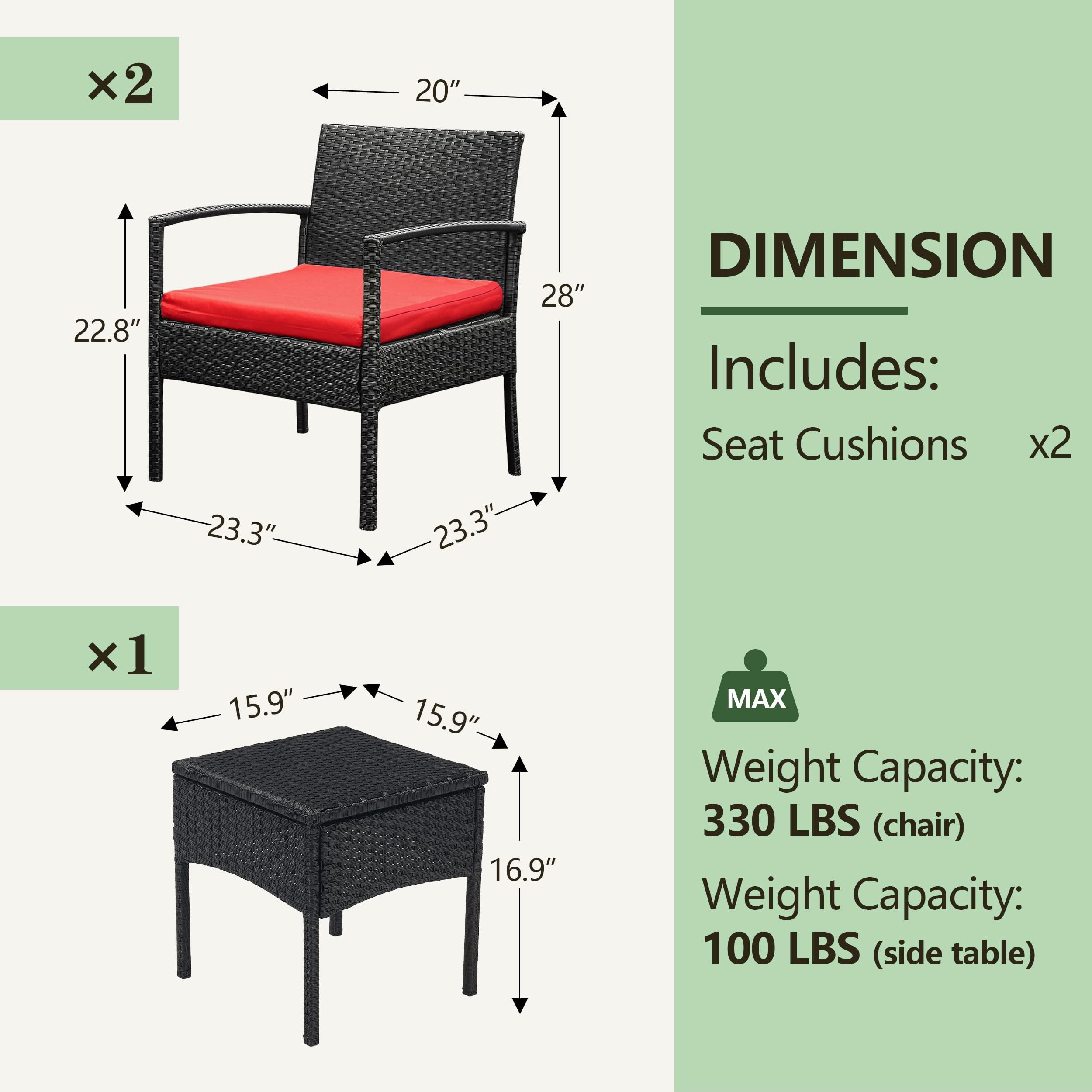 PROHIKER 3-Piece Rattan Patio Conversation Set - Outdoor Wicker Chairs for Garden, Porch, Balcony & Yard - Red Bistro Furniture for Relaxing & Entertaining