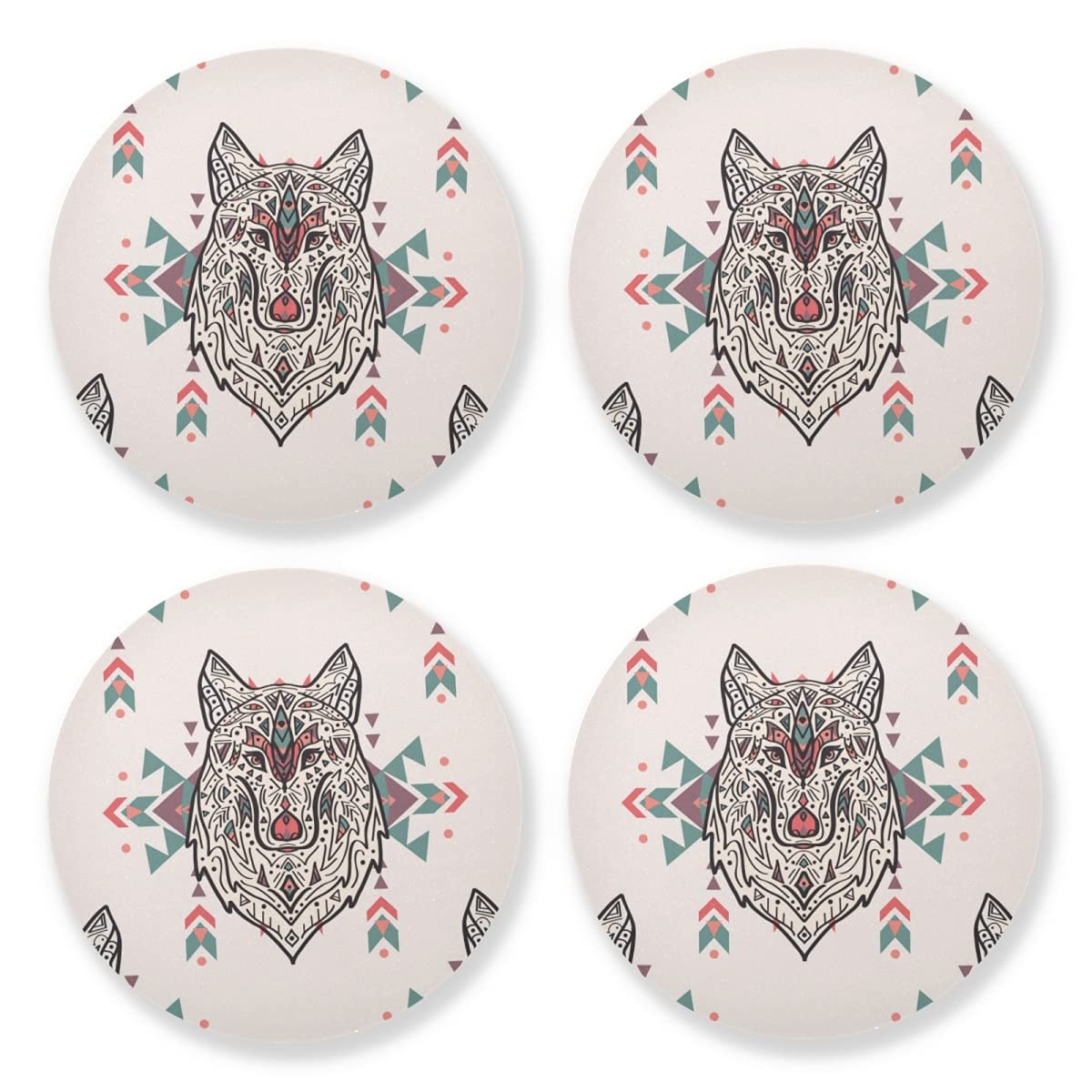 Absorbent Drink Coasters Set of 4 - Tribal Wolf Design Natural Wood Cup Mats with Cork Backing (4 Inch) for Coffee Tables, Bars & Home Decor | Perfect for Protecting Surfaces from Hot & Cold Beverages