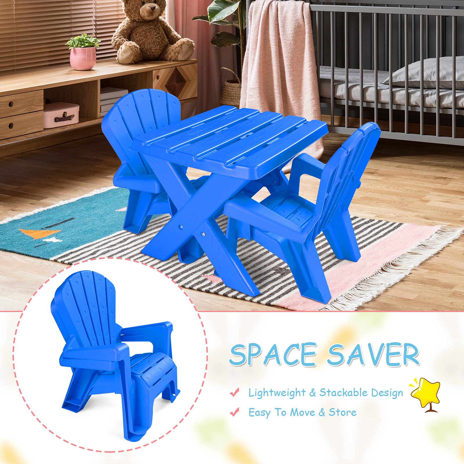 Costzon Kids Table and Chair Set - Toddler Activity Table with 2 Adirondack Chairs for Outdoor Play, Picnic, Garden & Beach (Blue) | Perfect for Backyard, Patio, Preschool & Daycare Activities