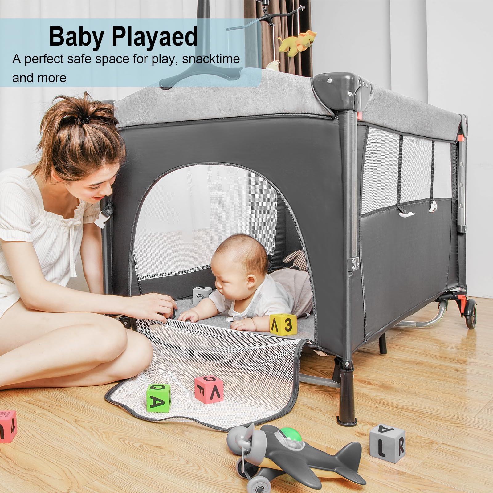 5-in-1 Portable Baby Playard with U-Shaped Diaper Changer & Adjustable Height - Convertible Bassinet Bedside Sleeper for Newborns & Toddlers - Includes Carry Bag for Travel & Nursery Use at Home