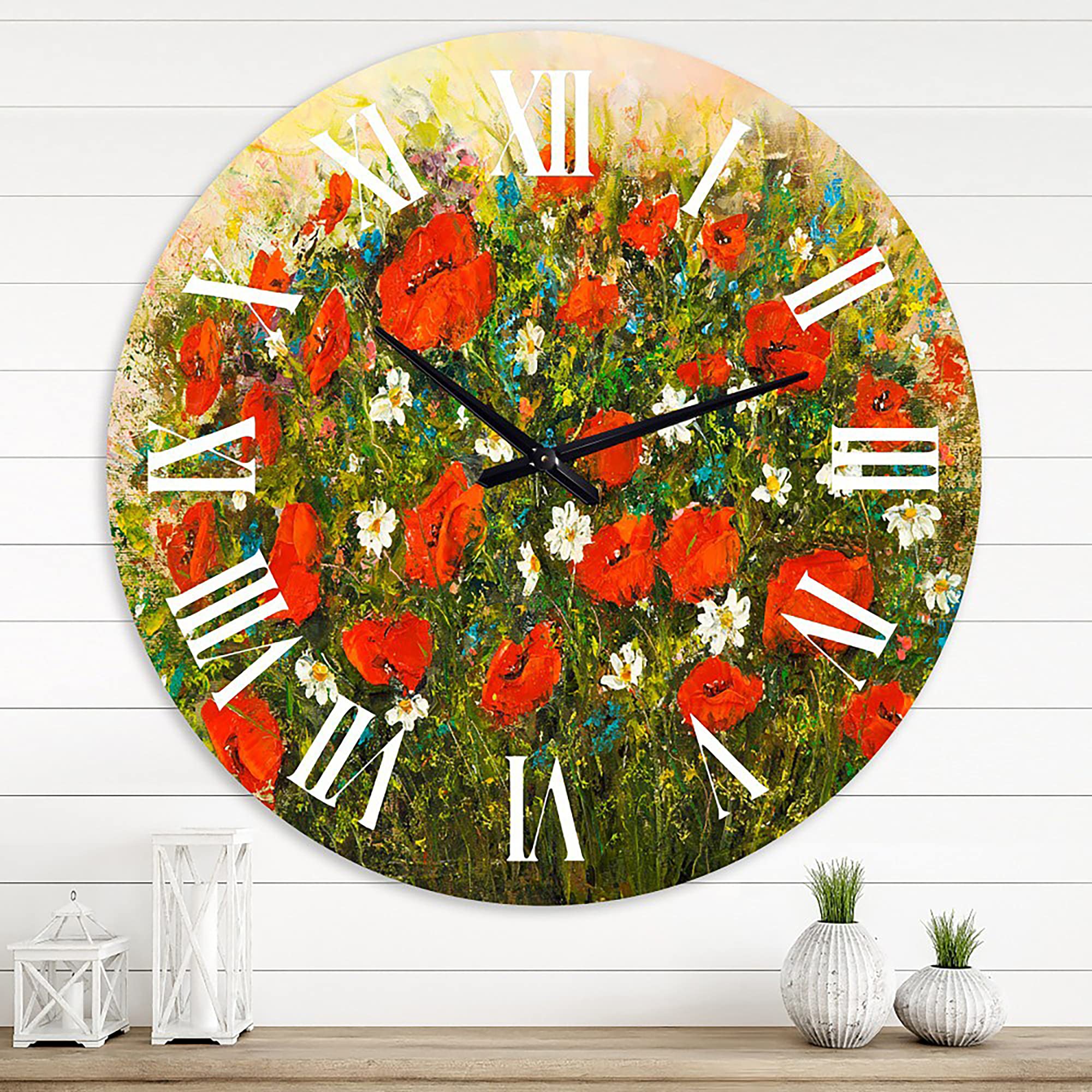 DesignQ Traditional Wall Clock - 'Red Wildflowers in The Fields' Floral & Botanical Large Wall Clock for Living Room, Bedroom & Office Decor | Perfect for Home, Farmhouse & Vintage Style Interior Design