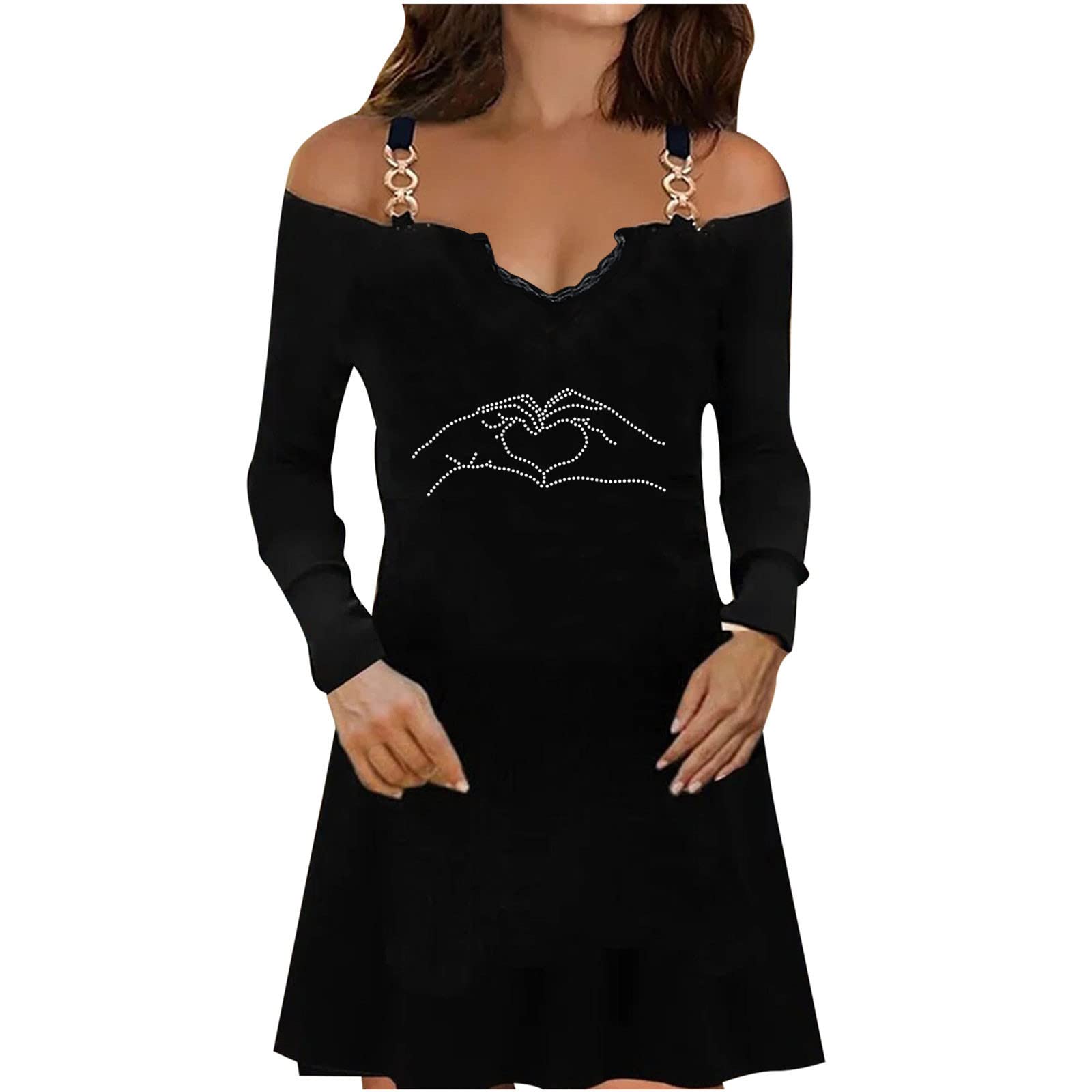 Vintage A-Line Swing Long Sleeve V-Neck Diamond Encrusted Cocktail Dress for Women - Elegant Party Gown for Evening Events, Formal Occasions & Special Celebrations