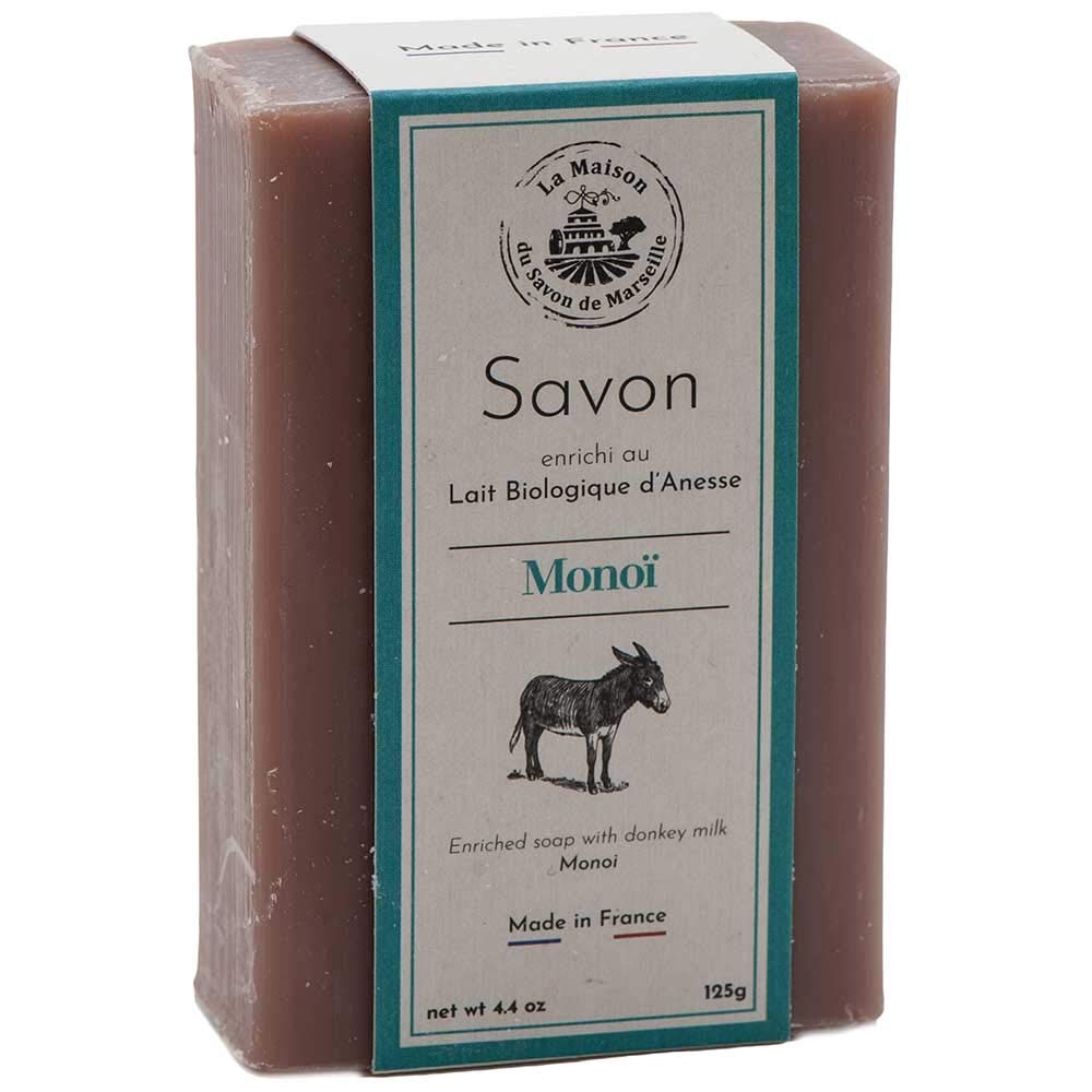 French Marseille Soap with Fresh Organic Donkey Milk - Monoi Scented - 125g Bar for Luxurious Bath & Skin Care