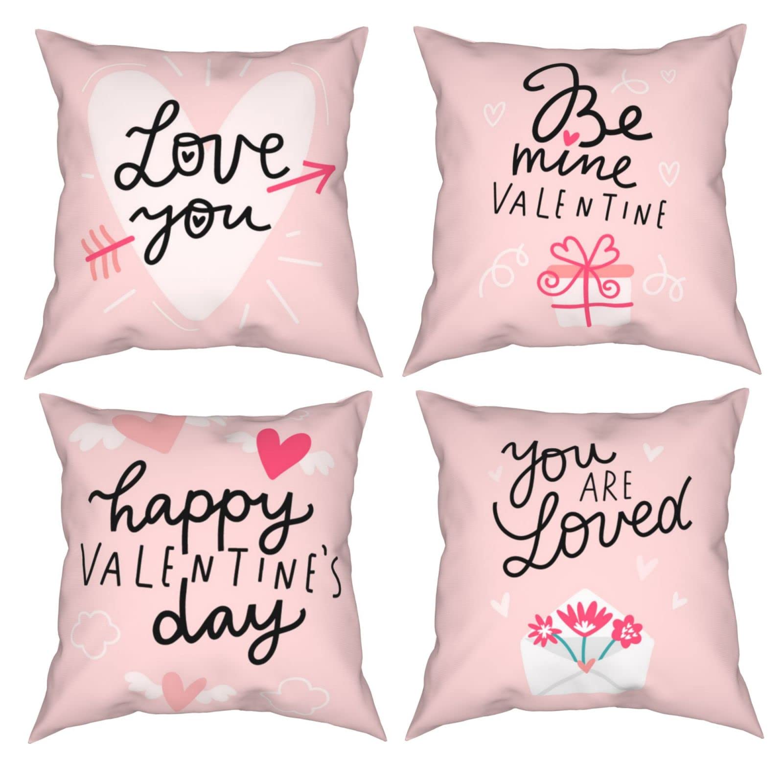Valentine's Day Pillow Covers Set of 4 - 18x18 Inch Heart & Love Throw Pillow Covers for Sofa, Couch - Romantic Home Decor for Valentine's Gifts, Anniversary, Bedroom & Living Room Decorations