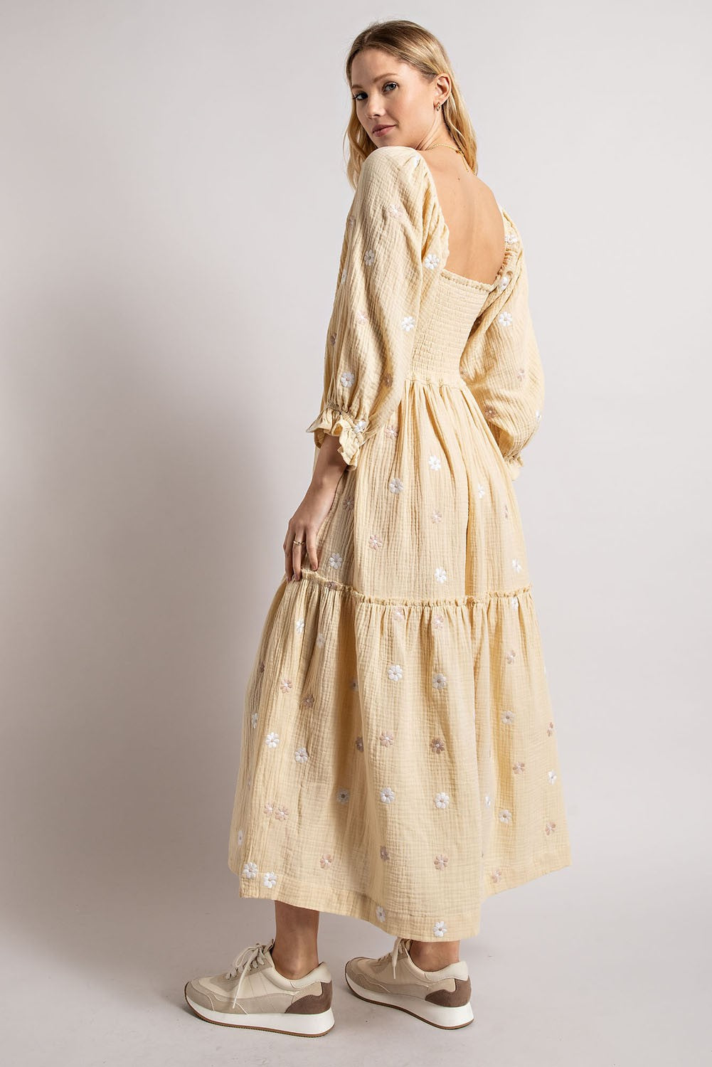 Beige Gauze Embroidery Smocking Tiered Gradient Dress for Women - Boho Summer Maxi Dress with Floral Embroidery - Perfect for Beach Vacations, Music Festivals and Date Nights
