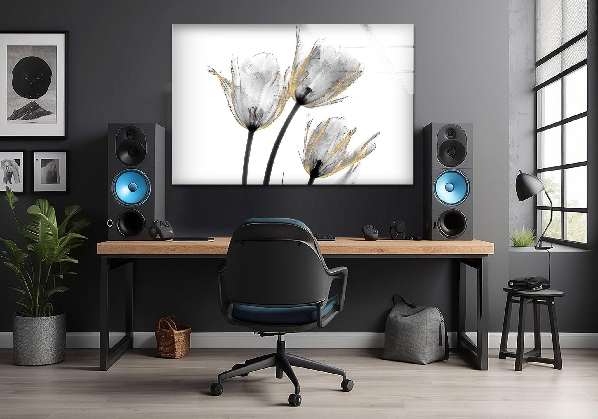 Albert Koetsier Gold Embellished Tulips Glass Wall Art - Handcrafted Floral Home Decor for Living Room, Bedroom & Office - Elegant Gift Idea for Housewarming & Wedding