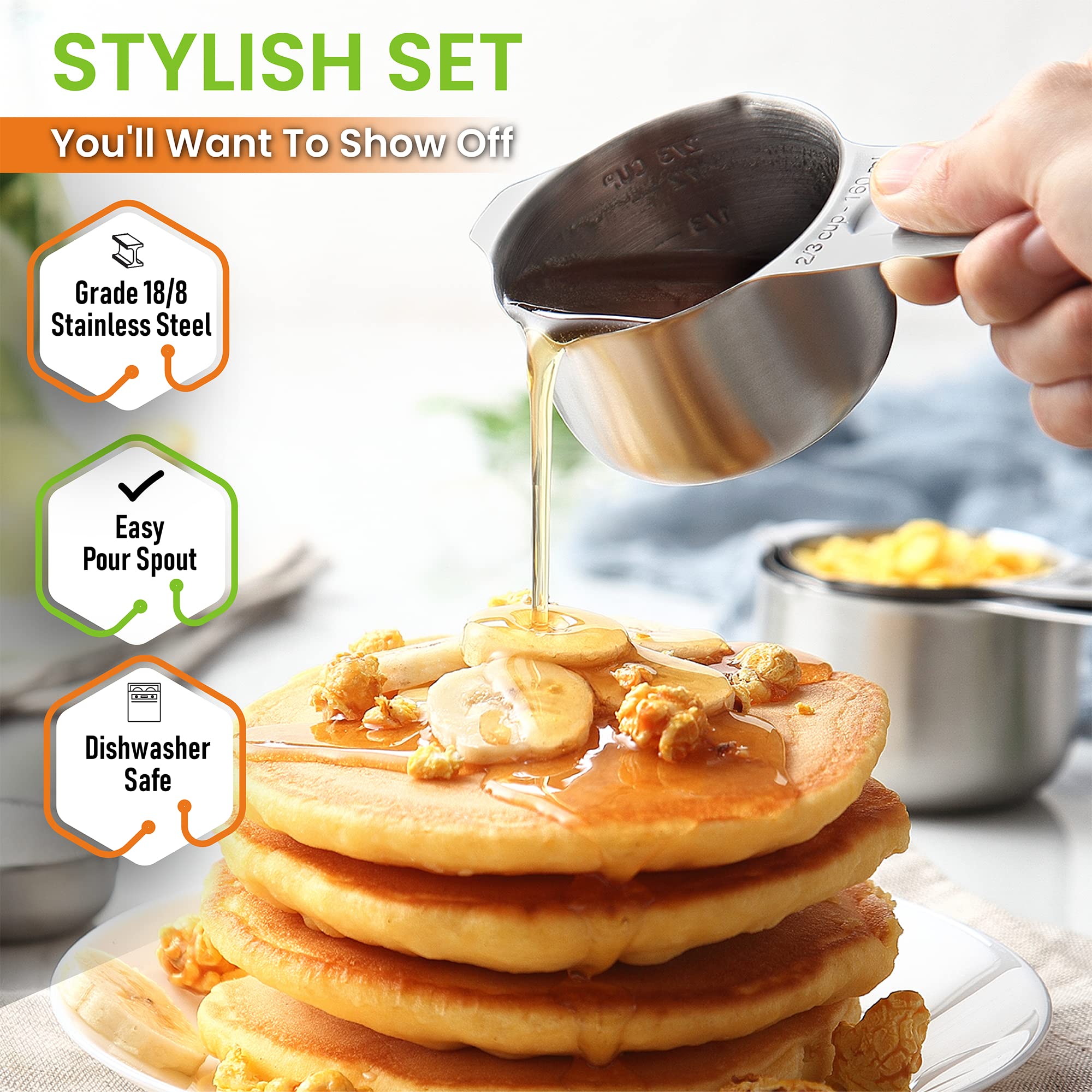 Spring Chef Stainless Steel Measuring Spoons & Cups Set - 2-Piece Kitchen Bundle for Baking & Cooking | Rectangular Spoons & Round Cups