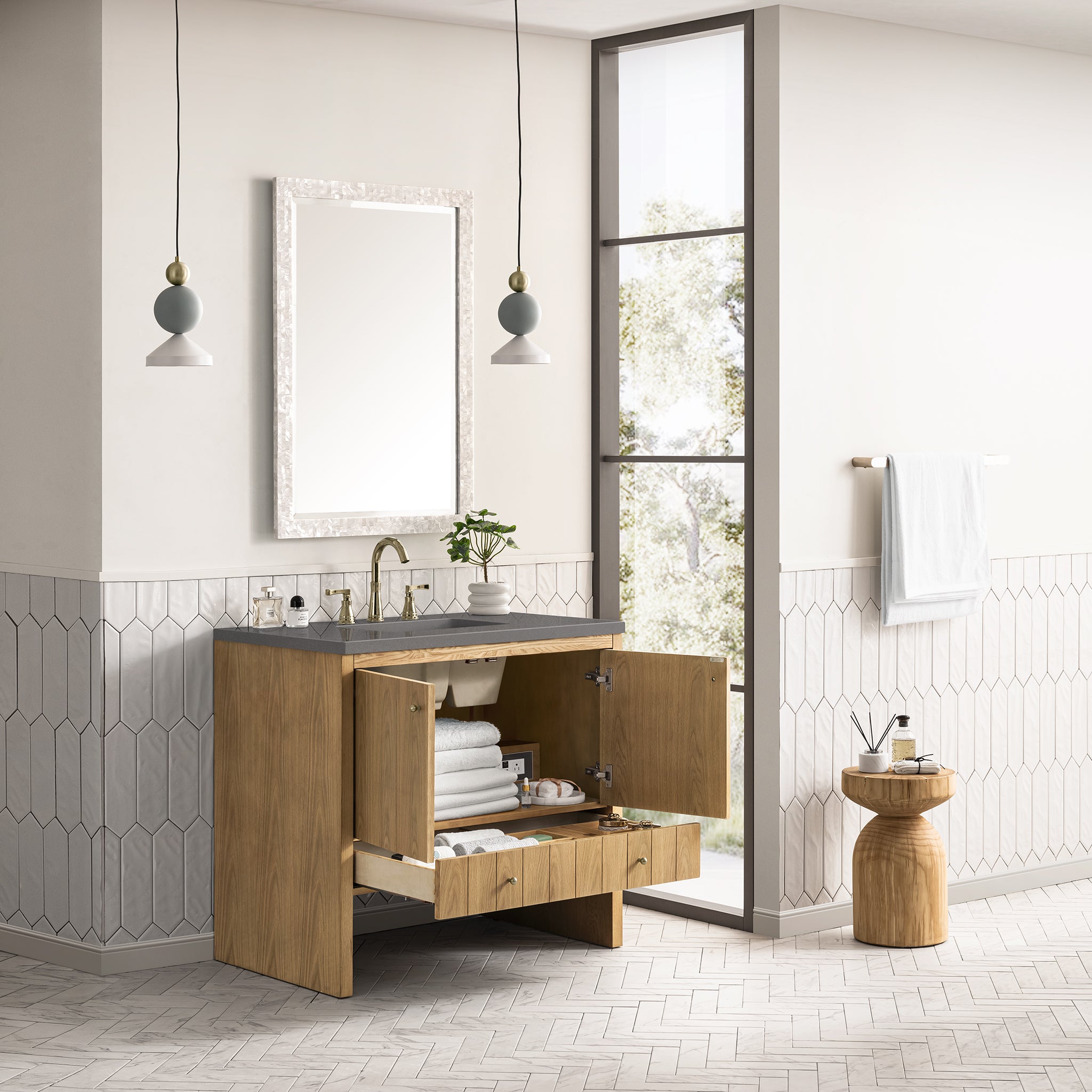 Hudson 36 Inch Single Bathroom Vanity with Light Natural Oak Finish & 3CM Grey Expo Top - Perfect for Modern Home Bathroom Renovation and Small Space Design