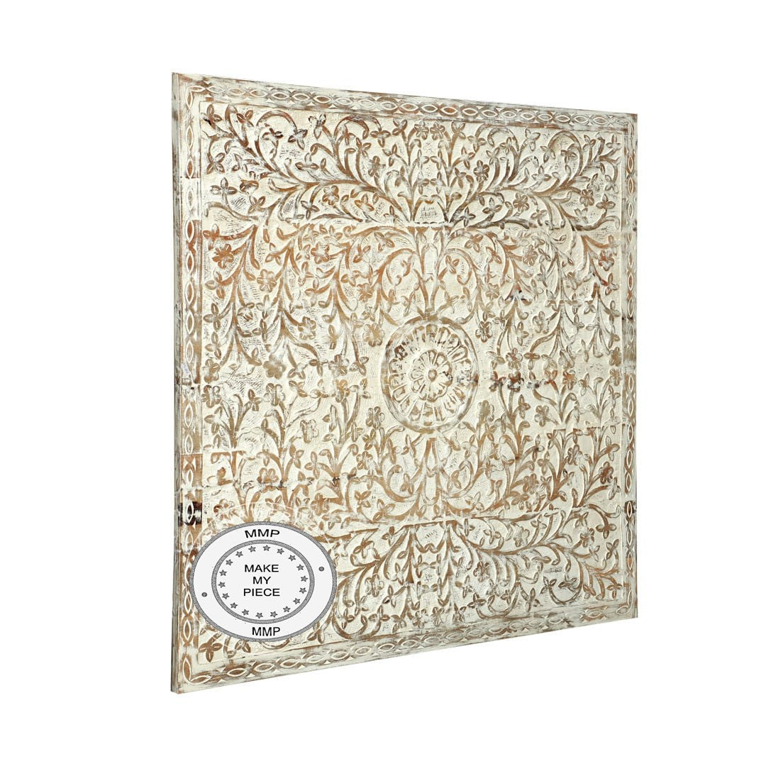 Handcrafted Indian Solid Wood Carved Panel Headboard - Whitewashed Finish for Bedroom Decor | Perfect for Bohemian, Farmhouse & Rustic Style Bedrooms