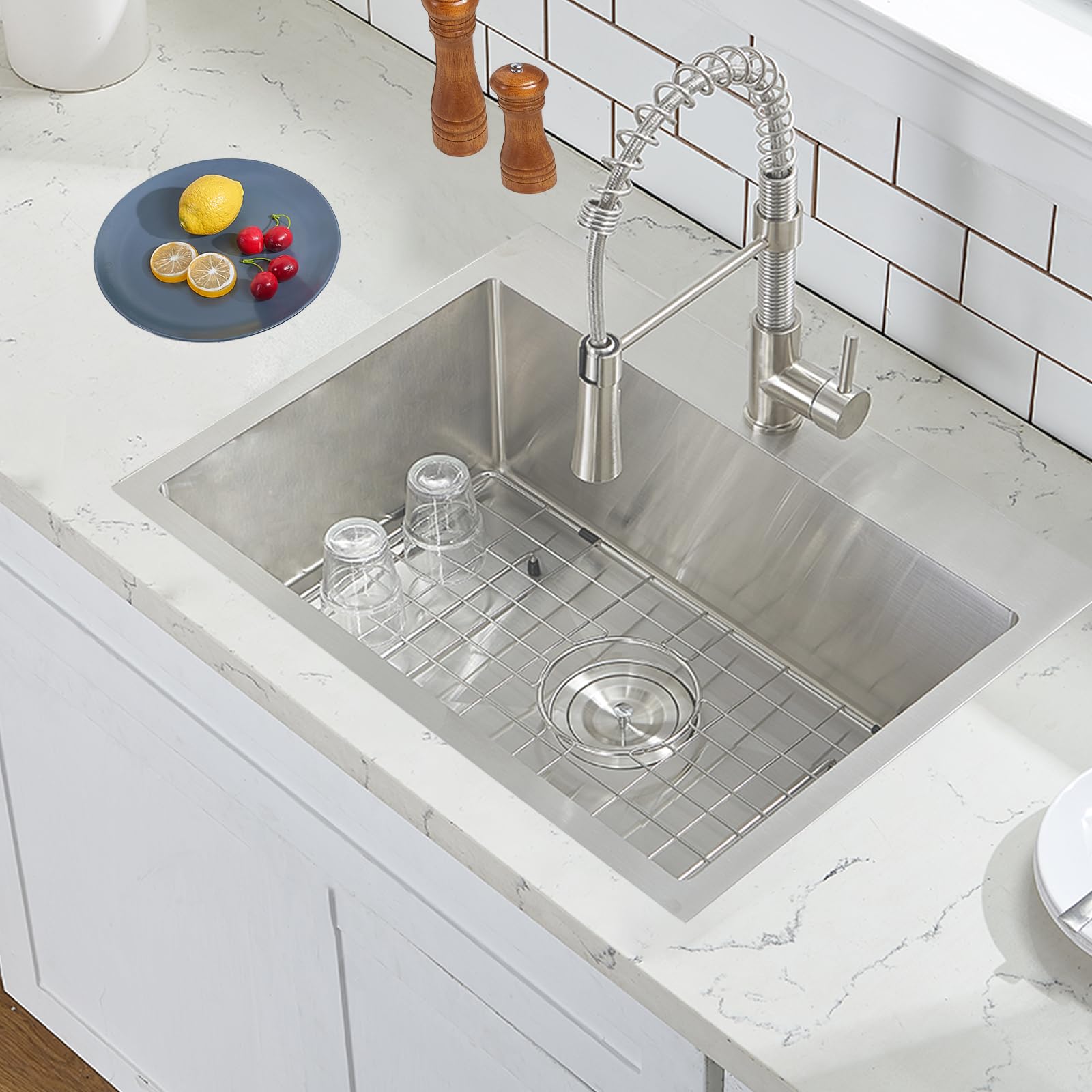 VCCUCINE 22x18 Inch Drop-in Kitchen Sink - 16 Gauge Topmount Stainless Steel RV Small Bar Sink with Strainer - Handmade Brushed Nickel Prep Sink for Outdoor, Wet Bar & RV Kitchen Use