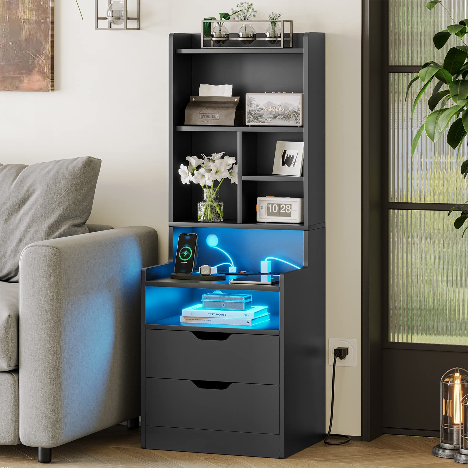 ADORNEVE 2-Piece LED Charging Nightstand Set with Bookshelf & Drawers - Modern Black Bedside Tables for Bedroom | Perfect for Reading, Phone Charging & Bedside Storage