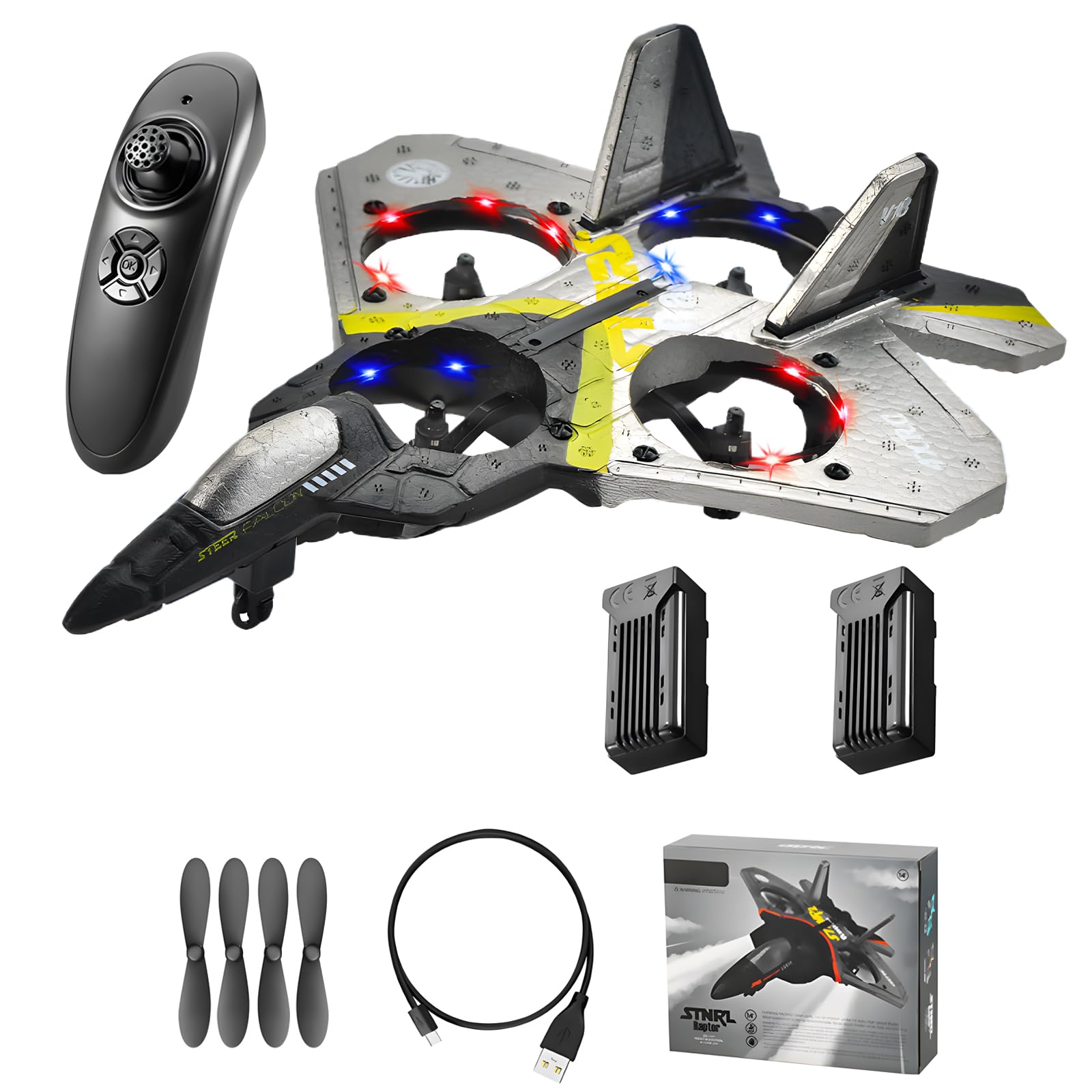 V17 Jet Fighter Stunt RC Airplane - 2.4GHz Remote Control Foam Plane with 2 Batteries, 360° Drop-Resistant Stunt Spin & LED Lights - Best RC Toy for Kids Ages 3-8 - Perfect for Outdoor Play, Birthday Gifts & Backyard Flying Fun