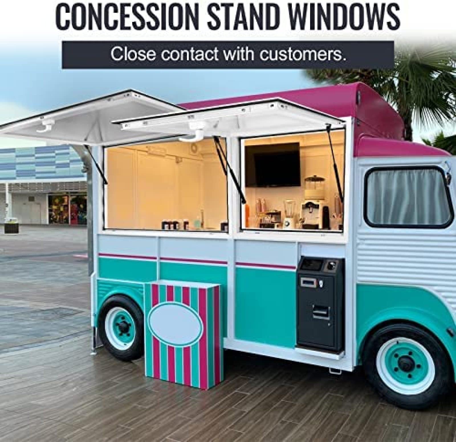 60''W x 36''H Commercial Food Truck Pass Through Window with Double-Point Fork Lock & 85° Opening Awning - Ideal for Concession Stands, Mobile Kitchens & Outdoor Serving Counters