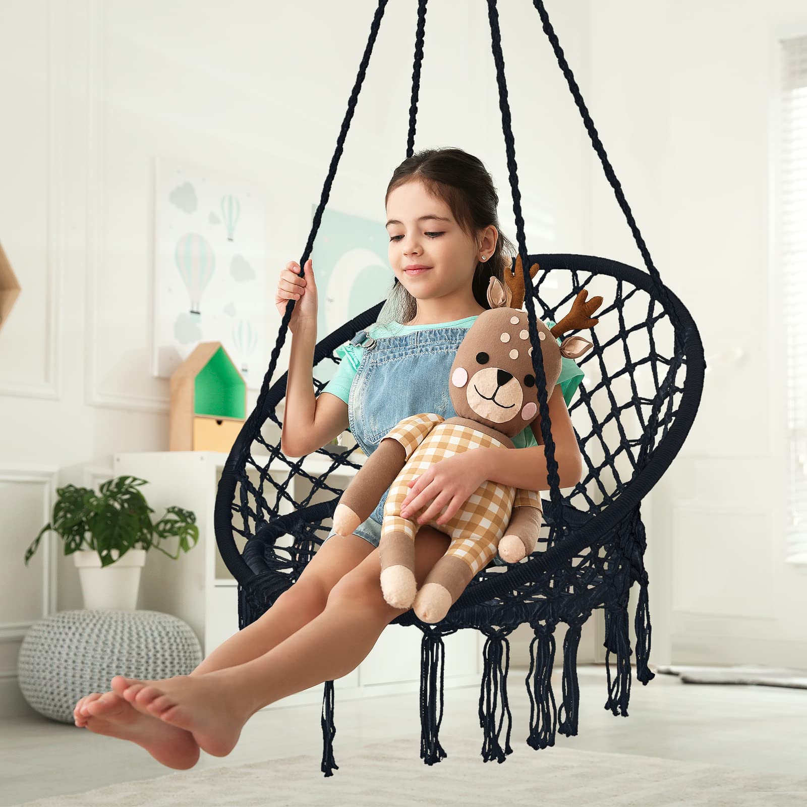 Bohemian Macrame Hammock Chair Swing Set of 2 - Handmade Cotton Rope Hanging Chair with Tassels for Indoor & Outdoor Use - Supports 330 lbs (Black) - Perfect for Bedroom, Patio, Garden Relaxation & Boho Decor