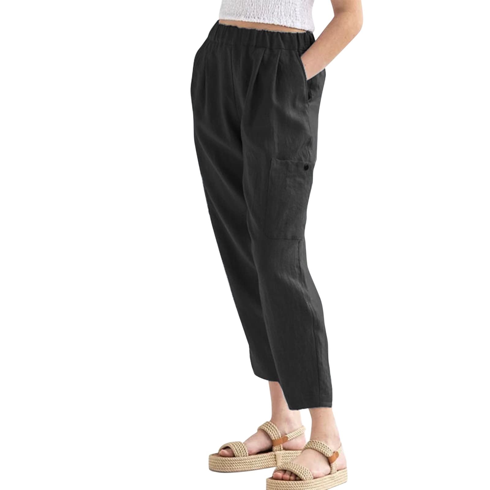 Women's High Waist Solid Color Stretchy Long Pants - 9/10 Length Beach Pants with Side Pockets - Plus Size 2X - Perfect for Vacation, Yoga & Casual Wear