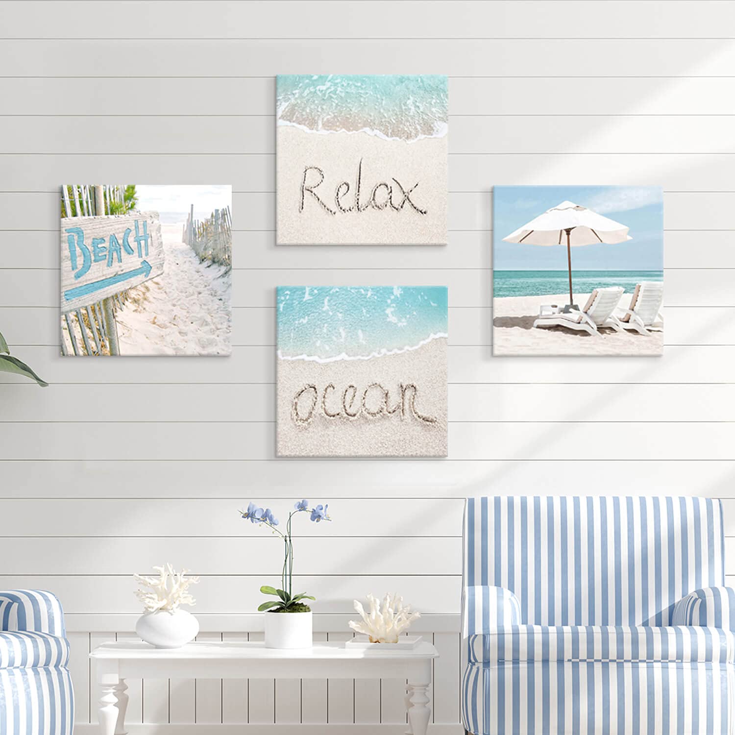 SD SOFT DANCE Coastal Wall Art Set - 4 Piece 16x16 Inch Beach & Ocean Canvas Prints for Bathroom Decor | Nautical Themed Painting for Seaside Home, Office or Spa Decoration