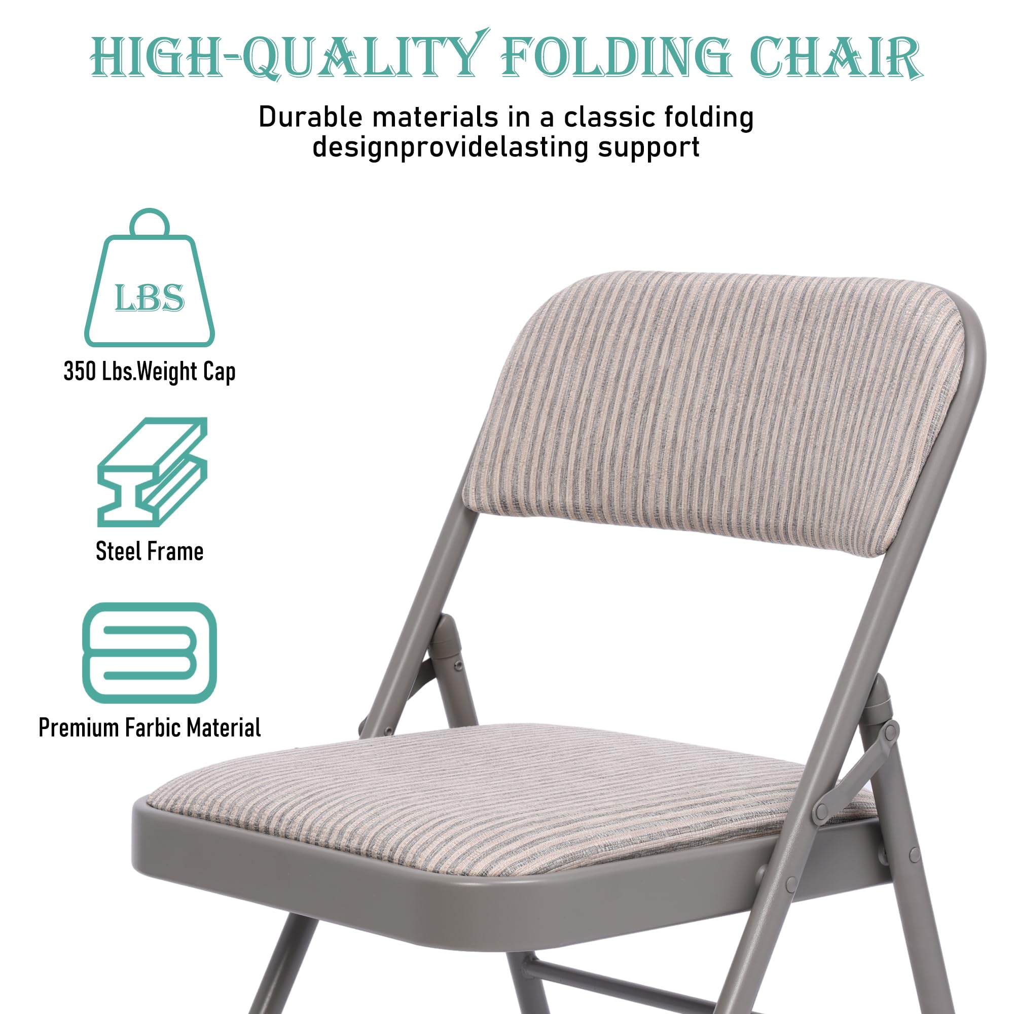 6 Pack Grey Folding Chairs with Padded Cushion - Steel Frame Fabric Dining Chairs for Indoor Outdoor Use - Perfect for Home, Office, Events, Wedding & Party Gatherings