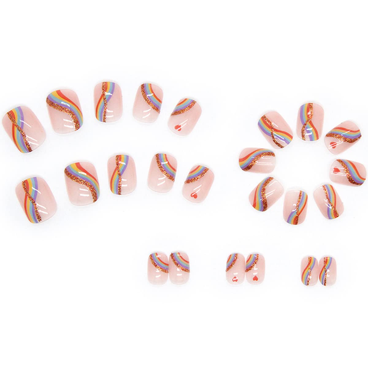 24Pcs Short Press on Nails - Rainbow Glitter Acrylic French Fake Nails with Colorful Stripes & Heart Designs - Square Artificial Nails for Pride, Parties & Everyday Wear